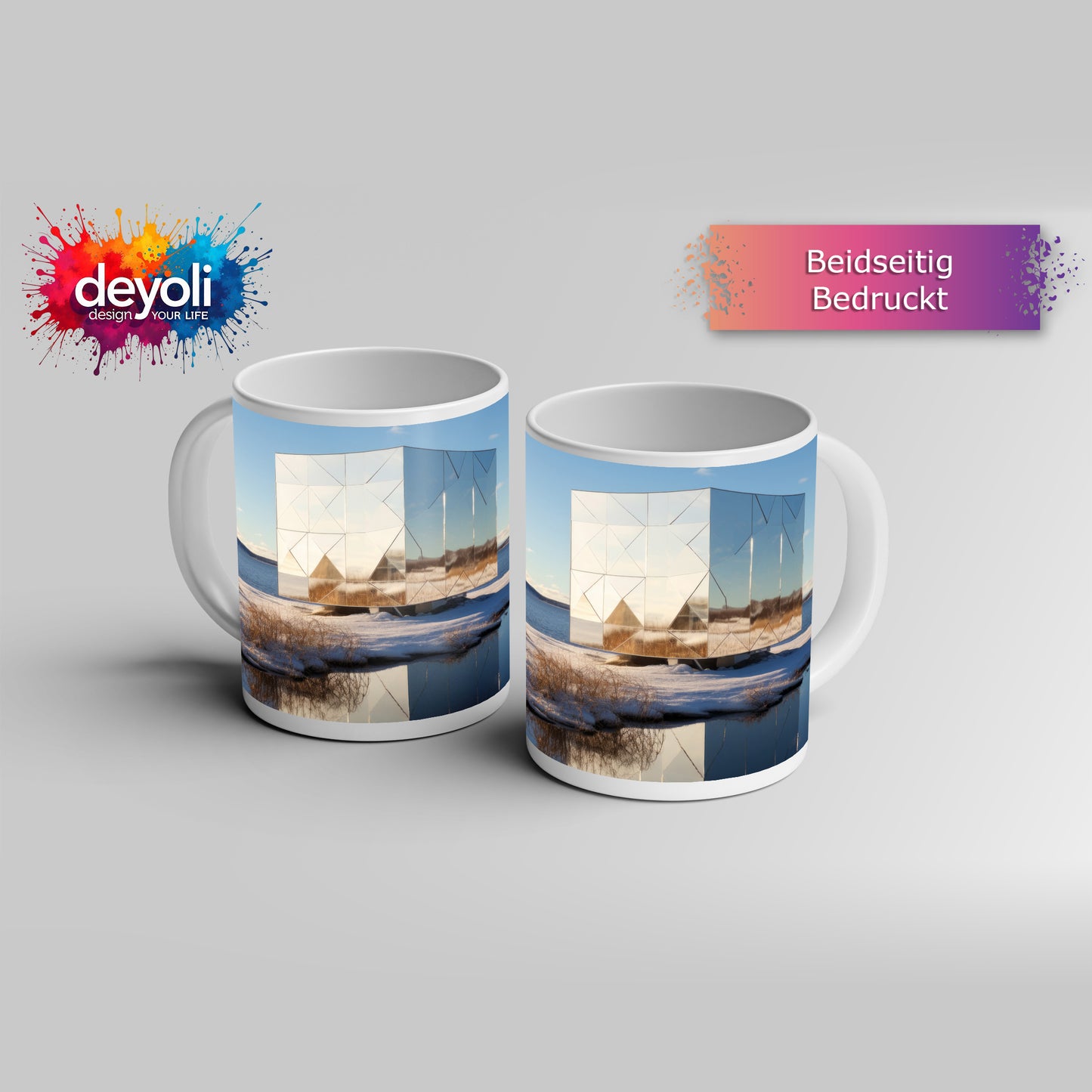 Motivtasse ein Spiegelkubus reflektiert die winterliche Stille am See.