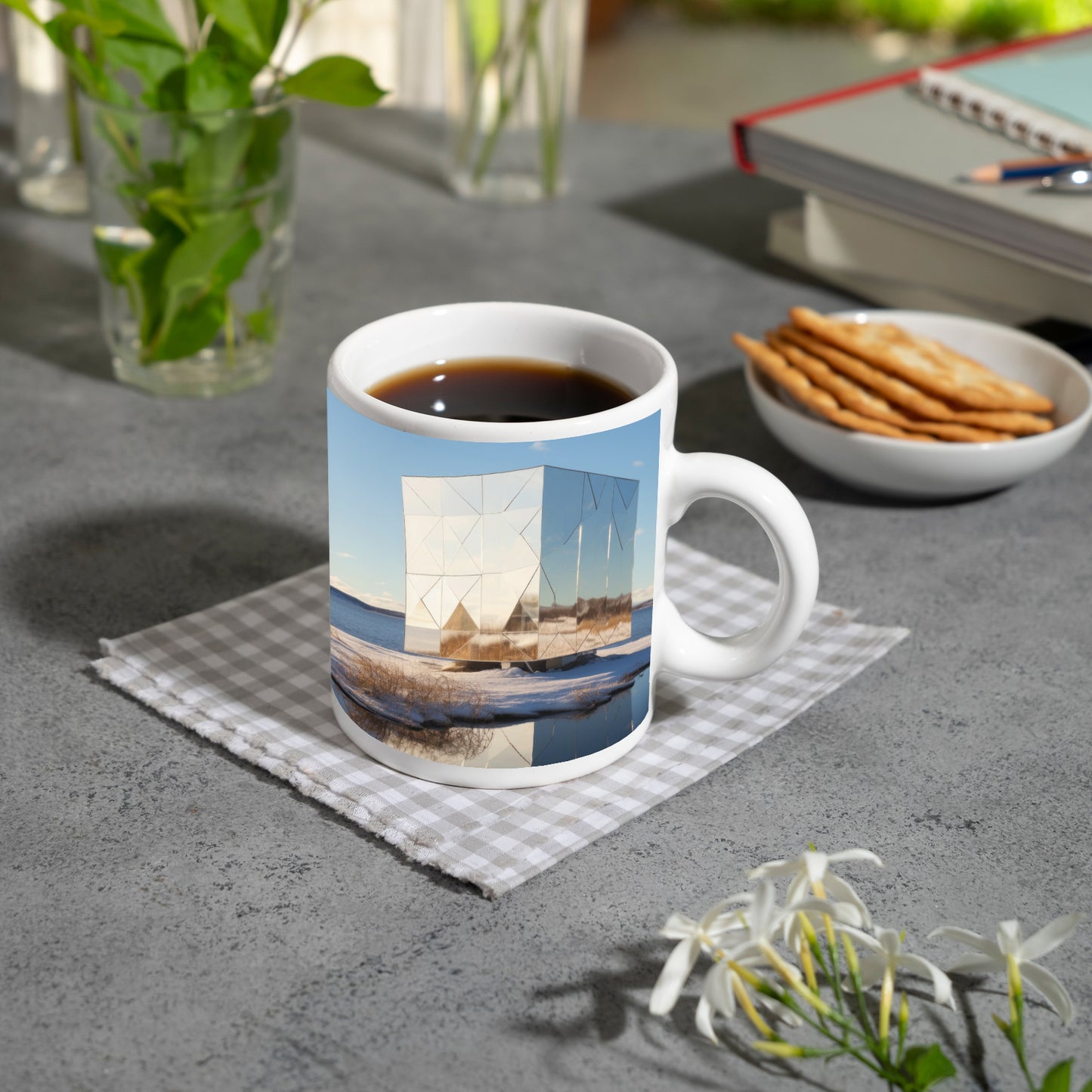 Motivtasse ein Spiegelkubus reflektiert die winterliche Stille am See.