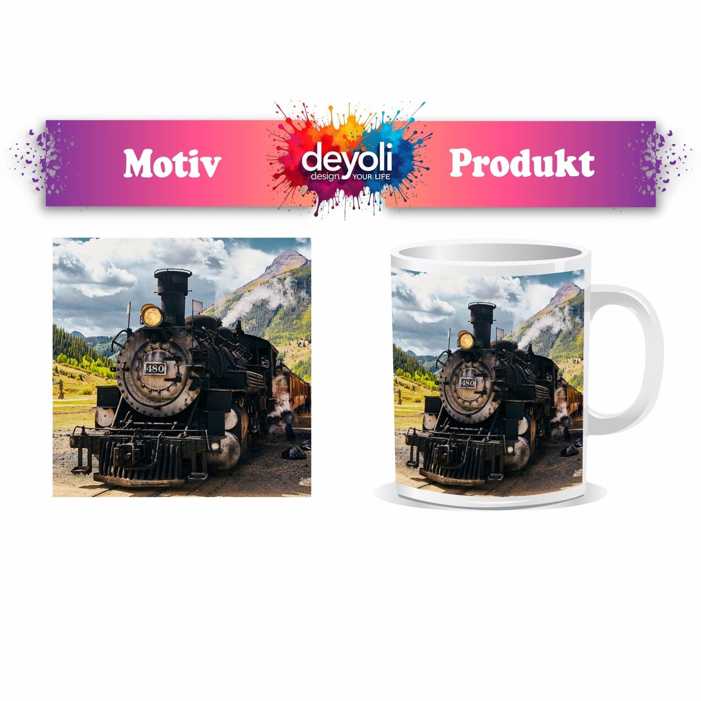 Motivtasse Alte Dampfkraft rollt stolz durch majestätische Berge. - deyoli