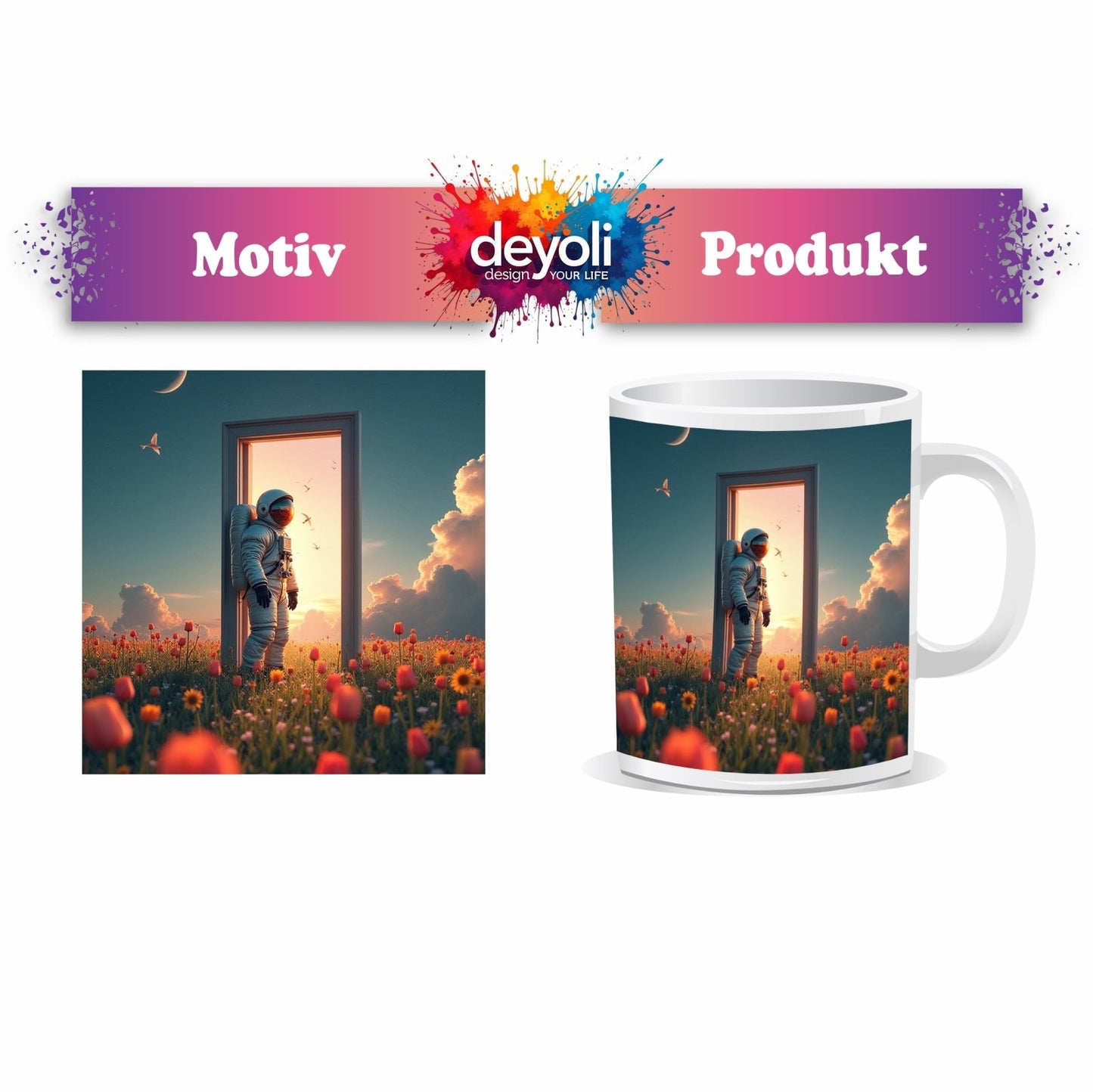Motivtasse Astronaut tritt ein – zwischen Traum, Himmel und Tulpen. - deyoli