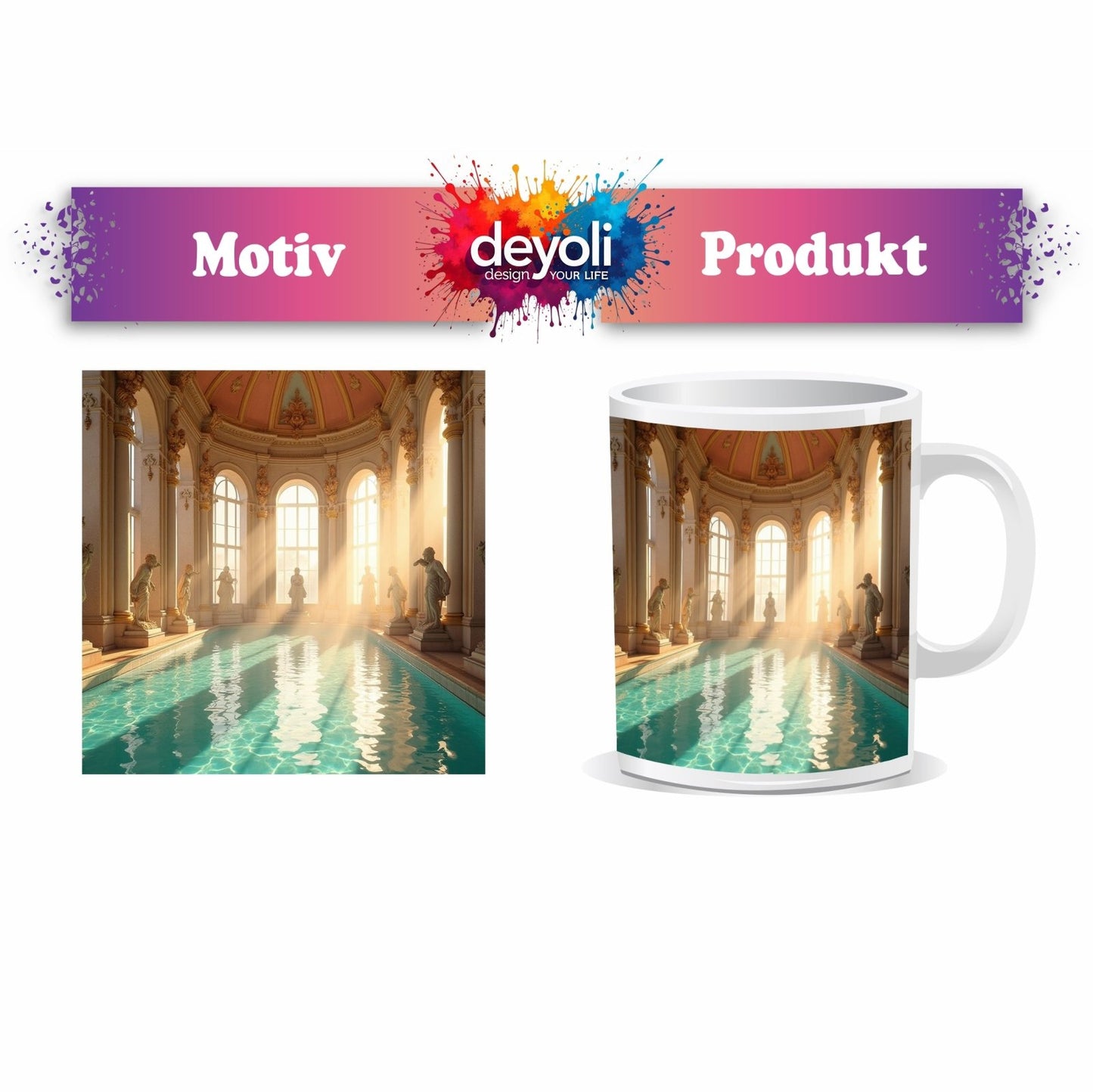 Motivtasse Barocke Badeträume – Sonnenstrahlen tanzen auf dem Wasser. - deyoli