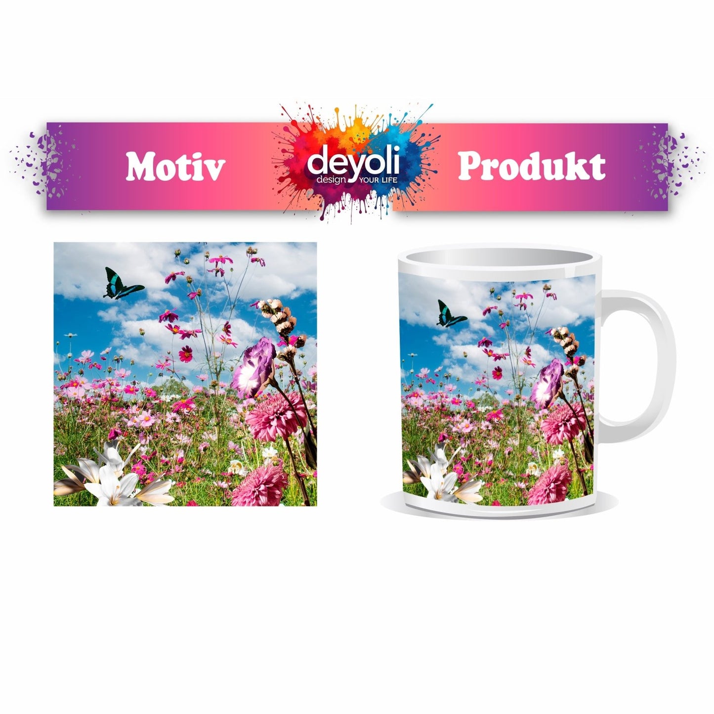 Motivtasse Blütenmeer tanzt mit Schmetterling im Hauch des Sommers. - deyoli