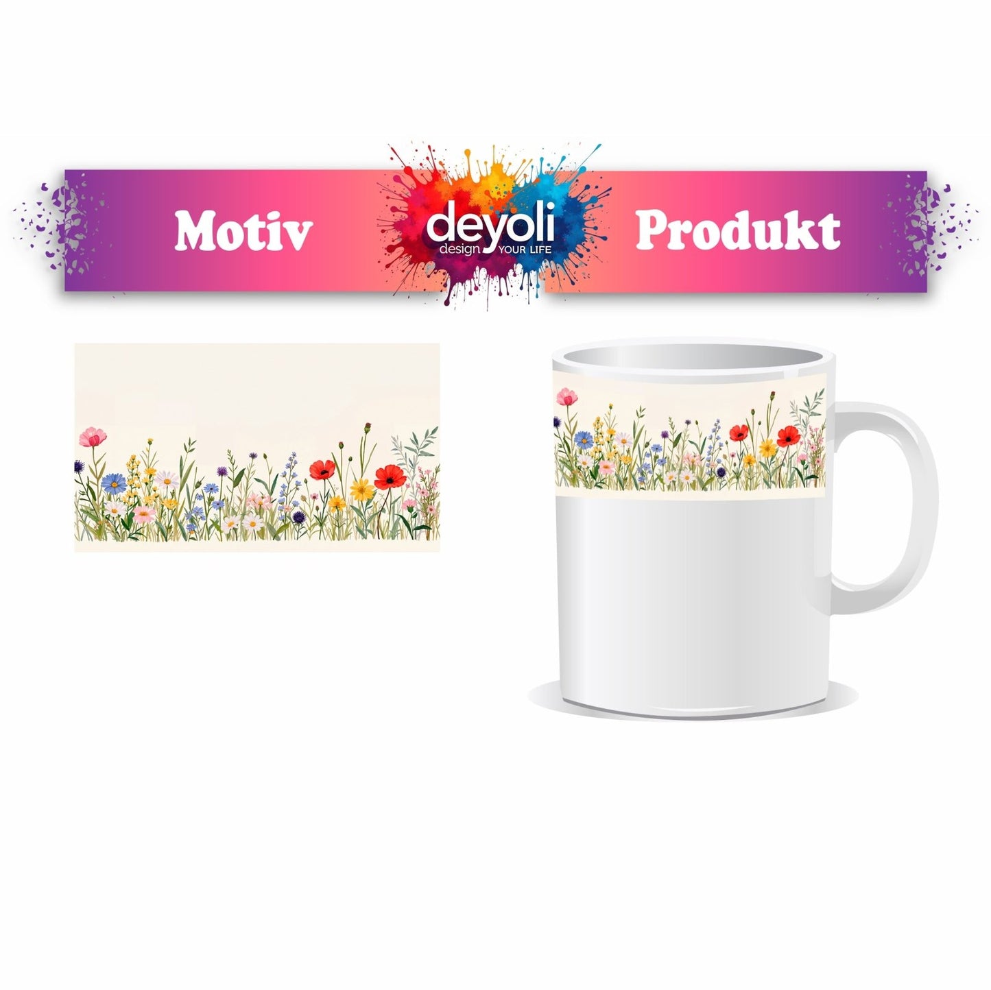Motivtasse Blumen tanzen zart auf hellem Grund in bunter Harmonie. - deyoli