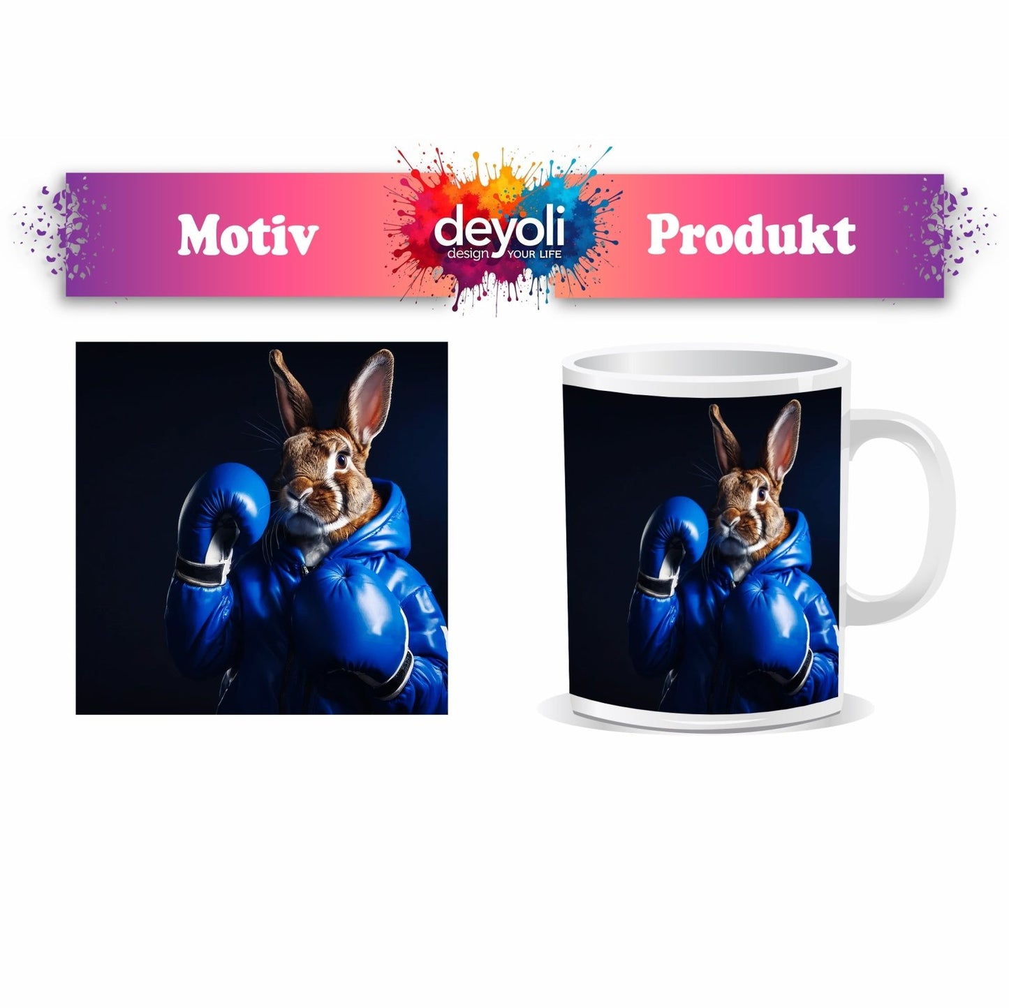 Motivtasse Boxer - Hase in Blau – süß, stark und siegessicher. - deyoli