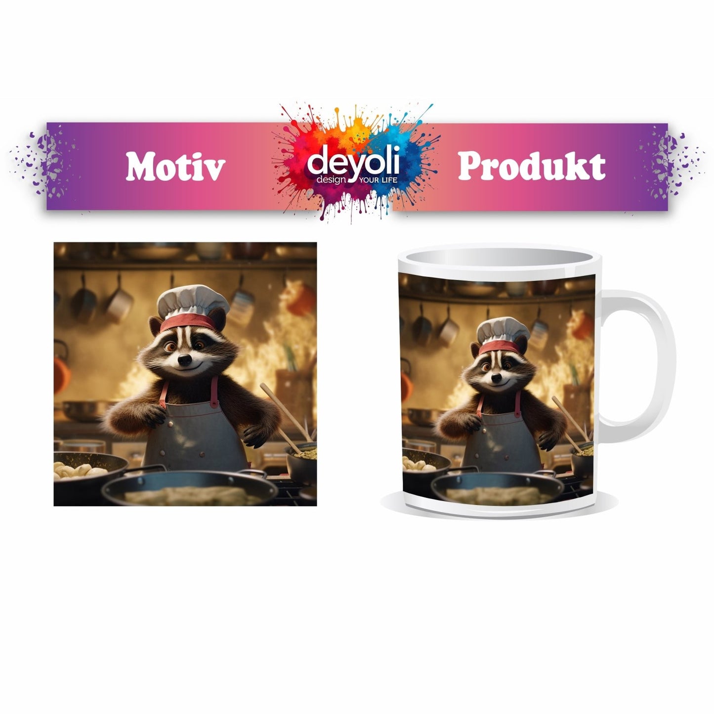 Motivtasse Chaos in der Küche – Waschbär kocht mit Feuer und Charme. - deyoli