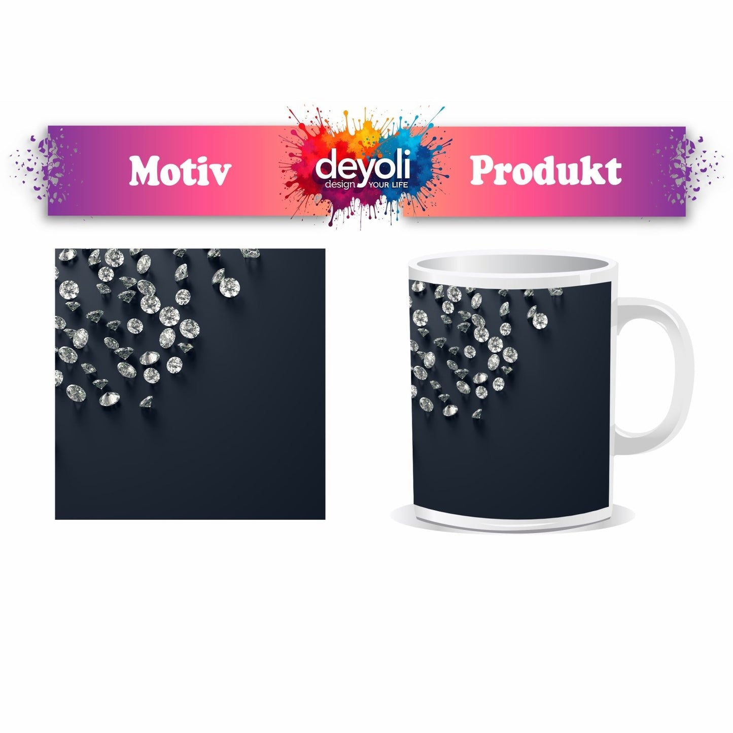 Motivtasse Diamanten auf Samt – funkelnde Stille im Raum. - deyoli