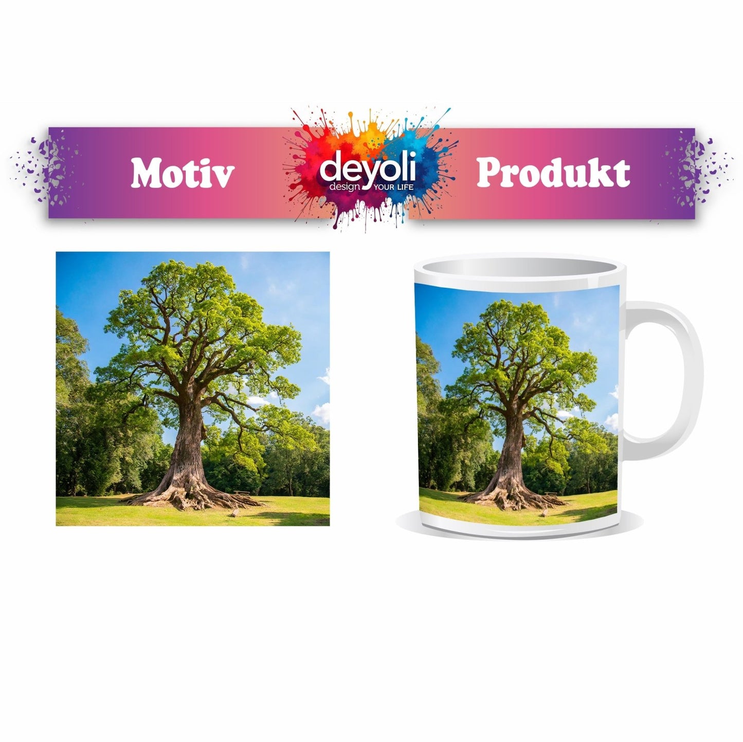 Motivtasse Ein majestätischer Baum, fest verwurzelt im Licht. - deyoli