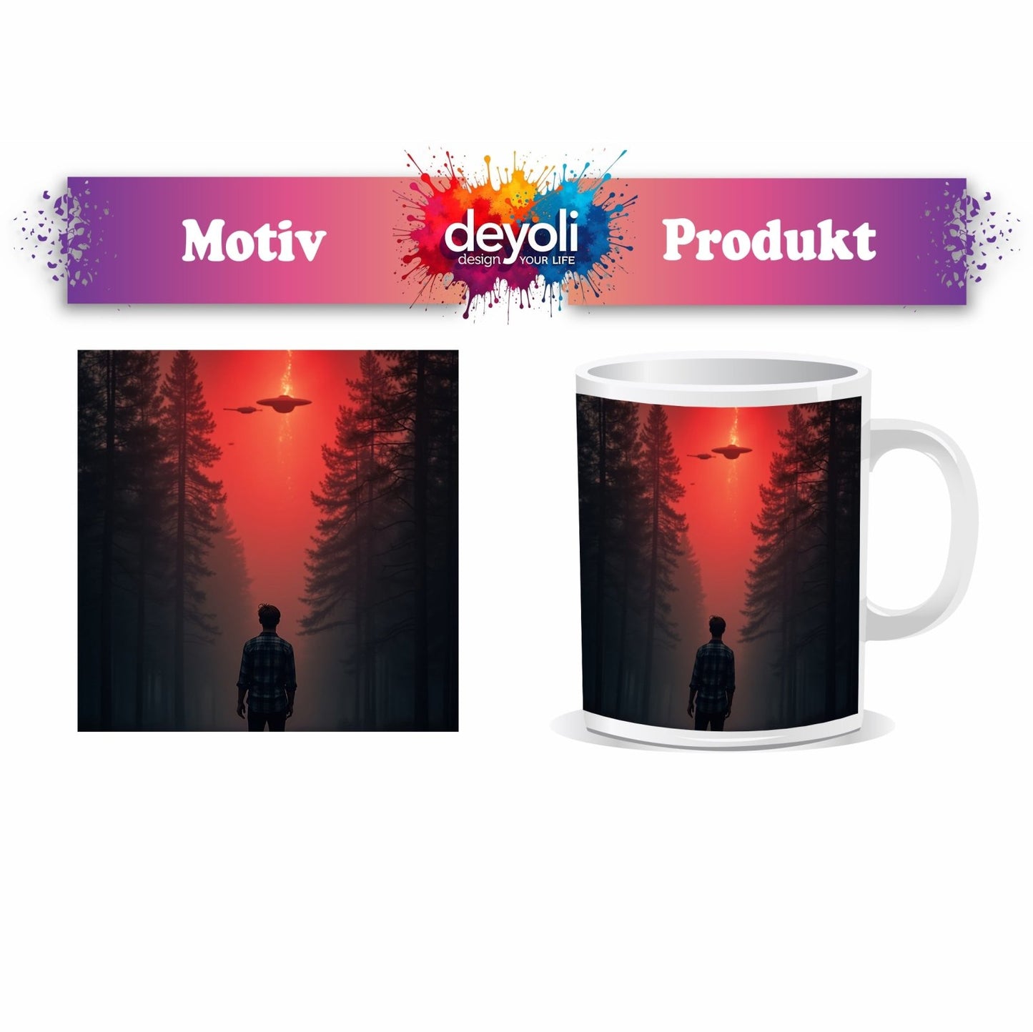 Motivtasse Ein roter Himmel, Ufos und Staunen im düsteren Wald. - deyoli