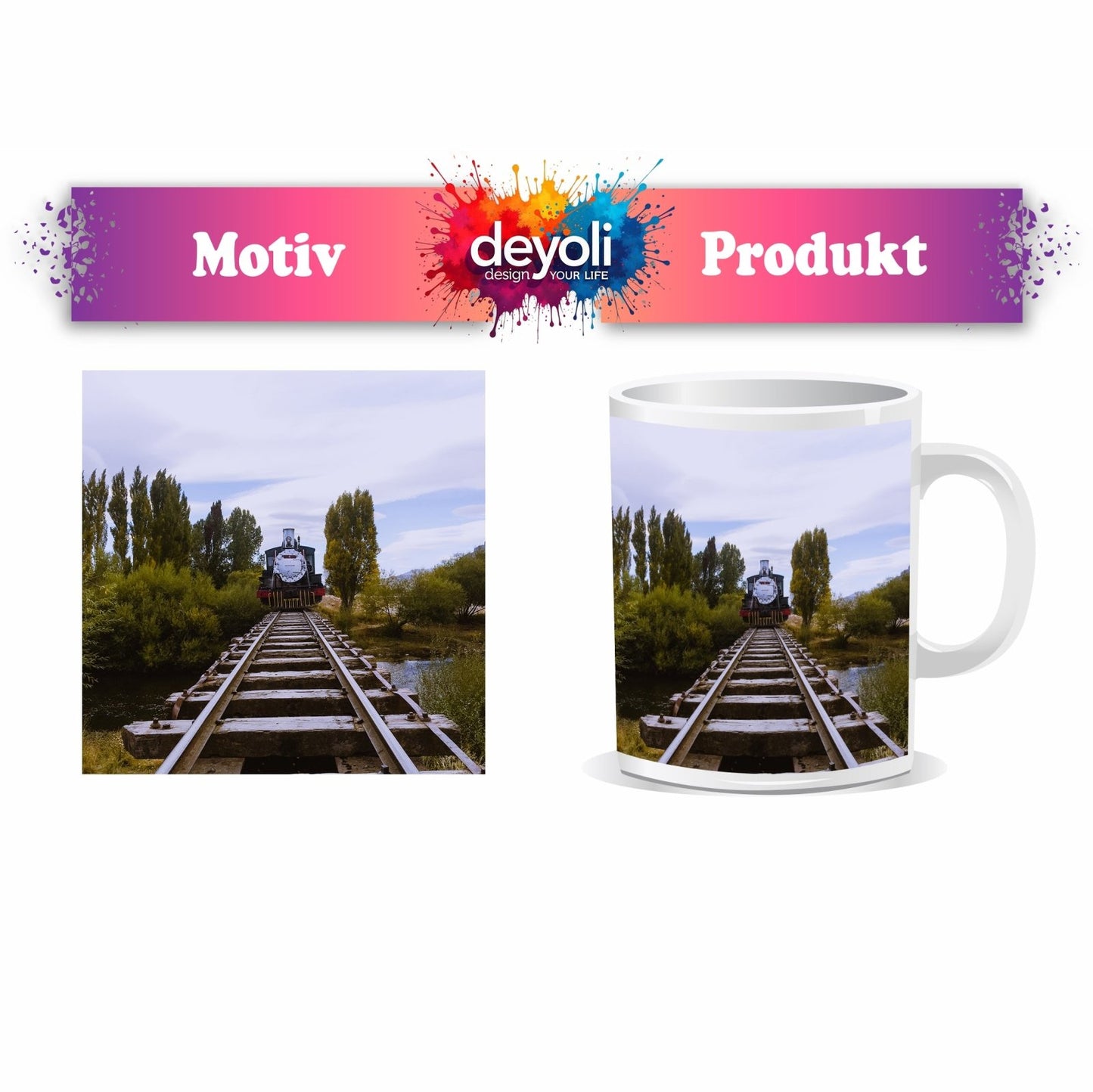 Motivtasse Ein Zug, der direkt in die Stille der Natur fährt. - deyoli
