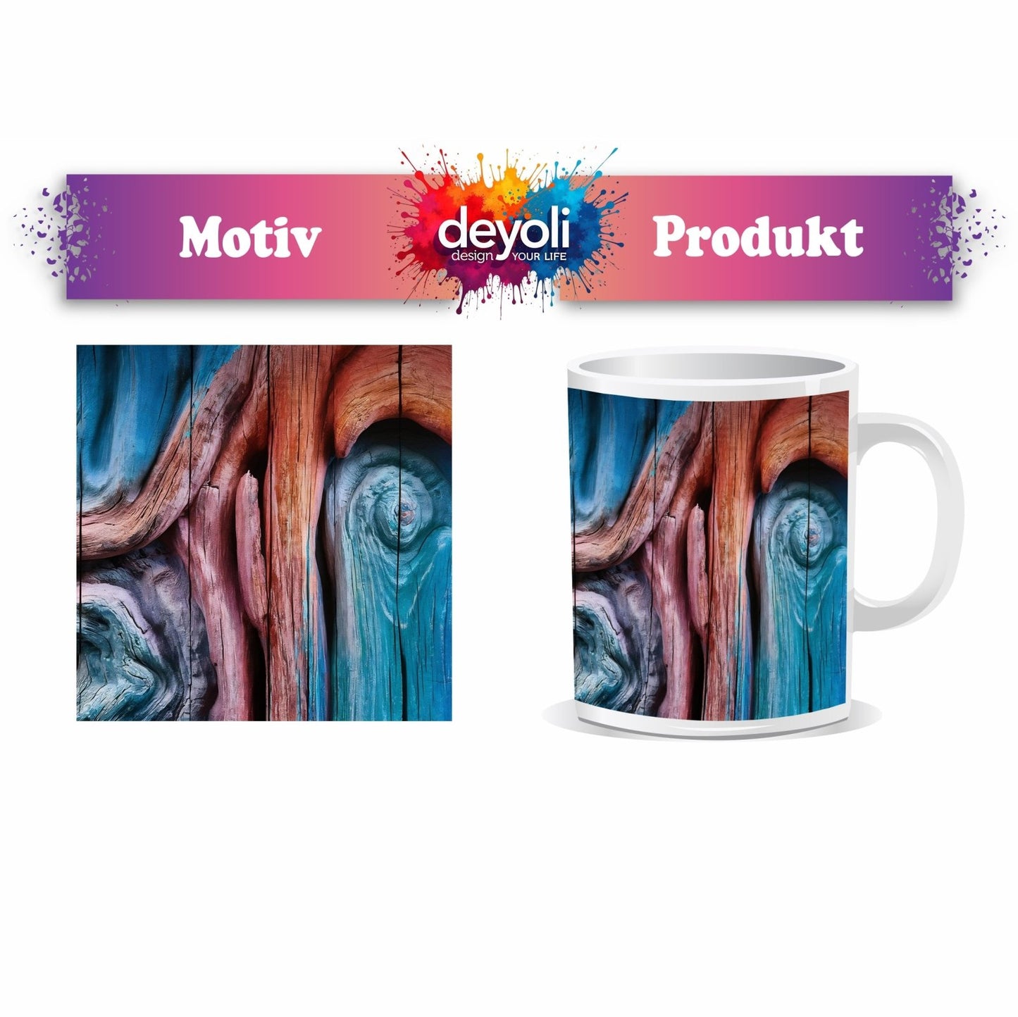 Motivtasse Farbenflut im Holz – Natur als lebendige Leinwand. - deyoli