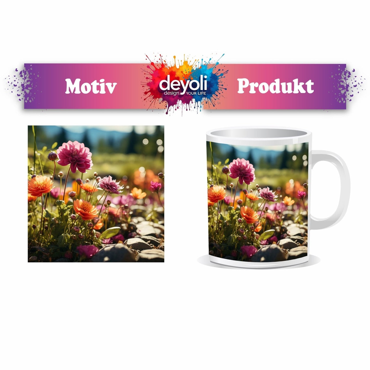 Motivtasse Farbenpracht blüht auf zwischen Kieseln und Sonnenstrahlen. - deyoli