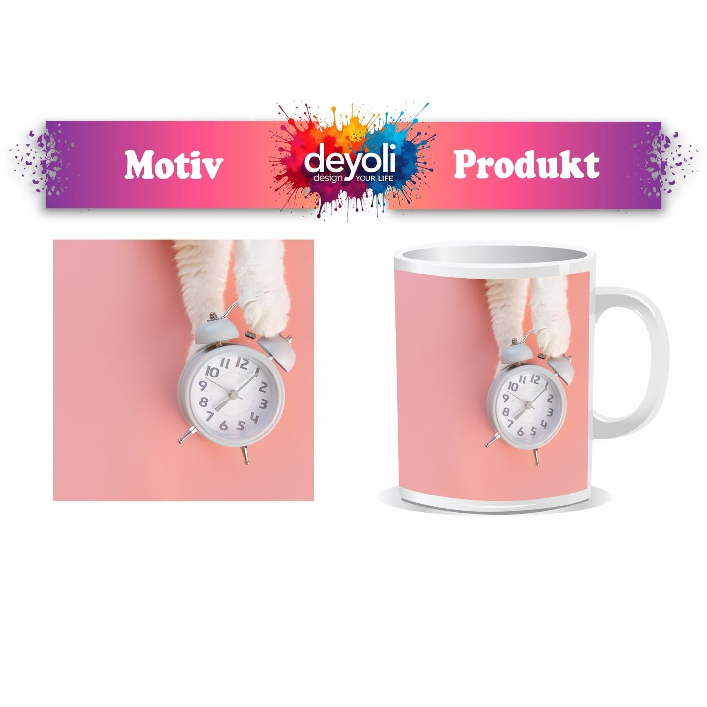Motivtasse Flauschige Pfoten halten die Zeit auf rosa Grund. - deyoli