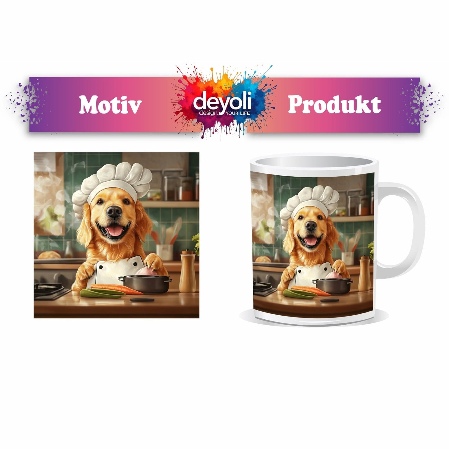 Motivtasse Golden Retriever kocht mit Herz und guter Laune. - deyoli