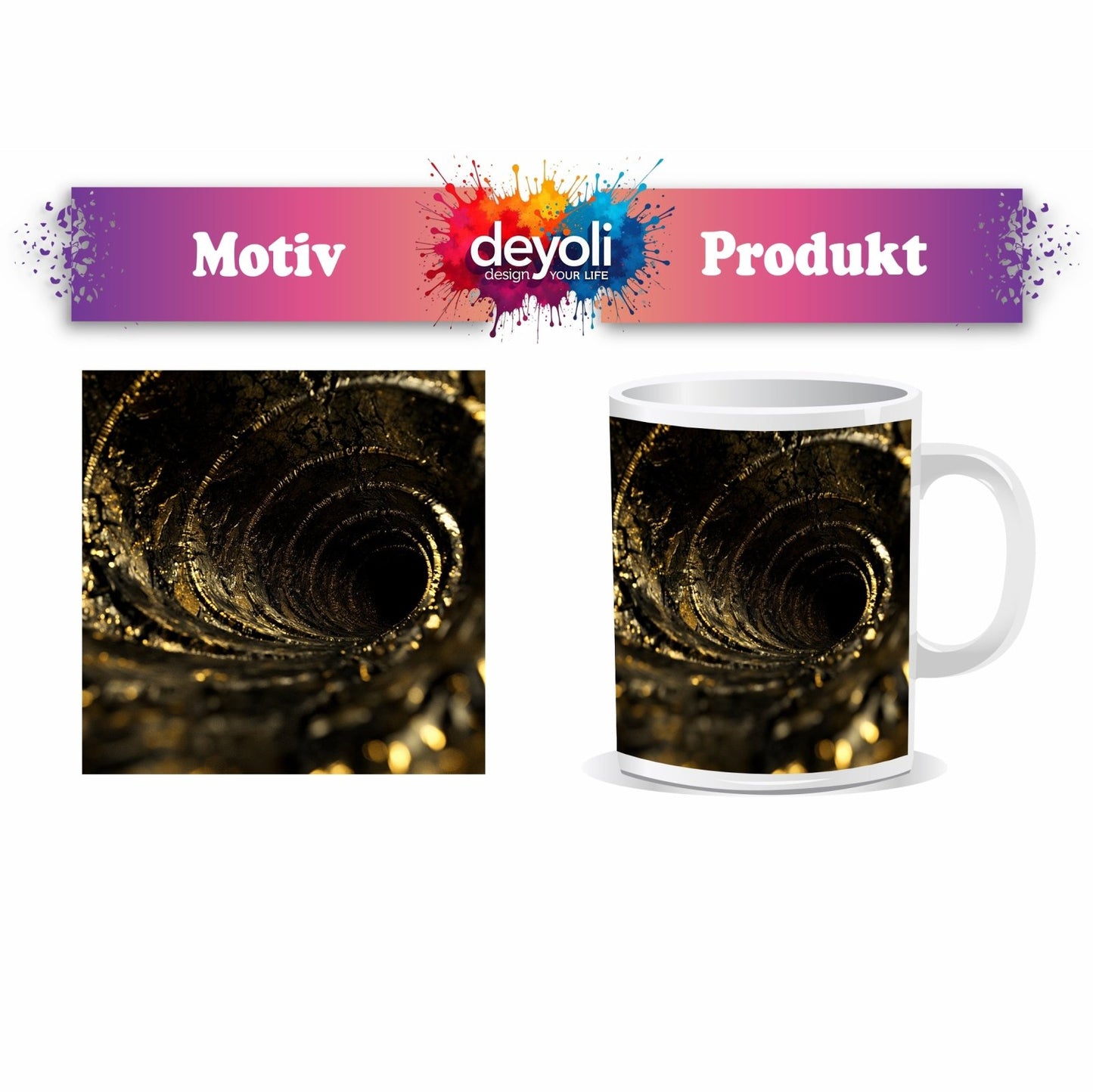 Motivtasse Goldene Spirale – der Abgrund flüstert in Glanz. - deyoli