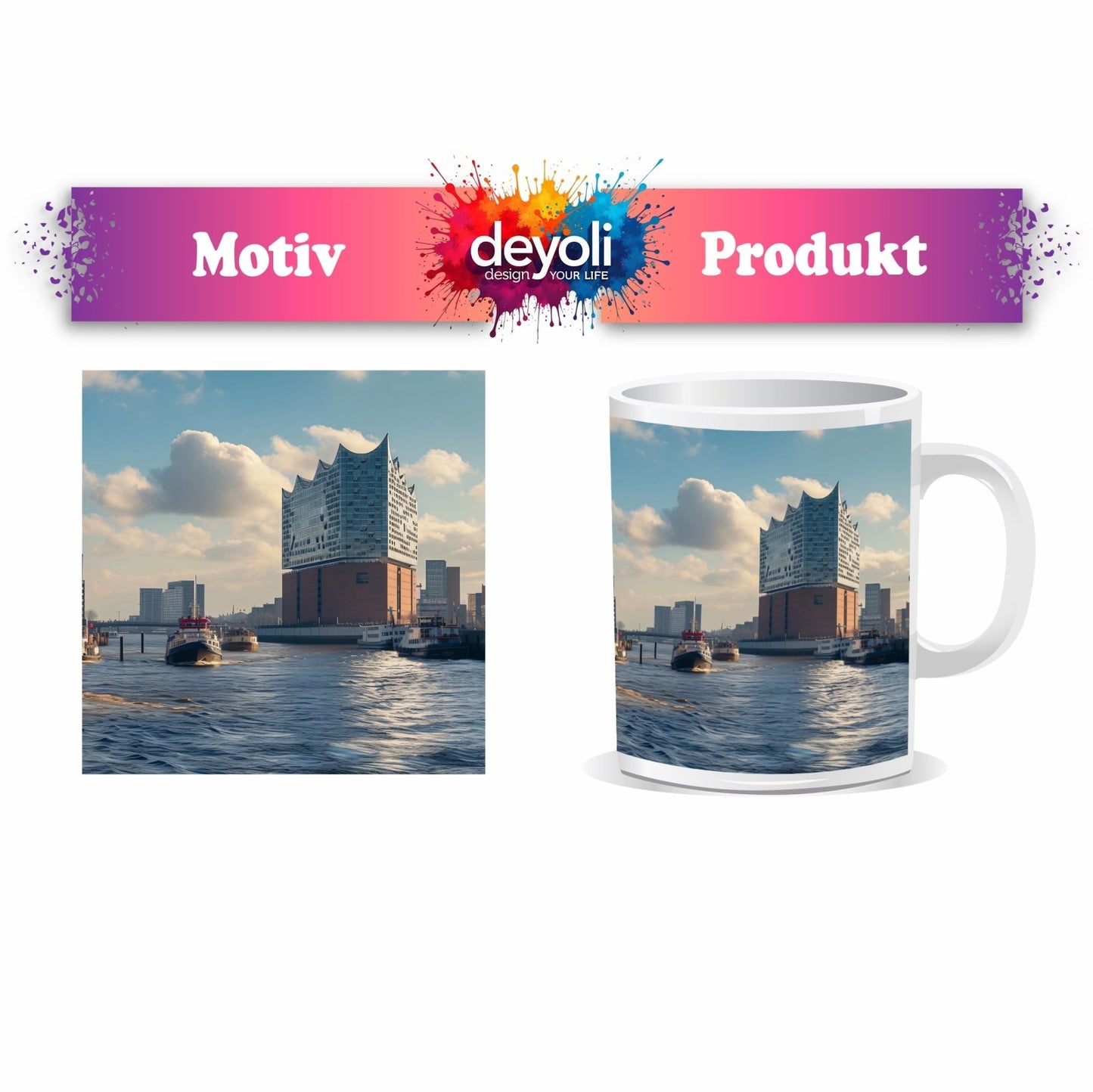 Motivtasse Hafenzauber mit Elbphilharmonie im goldenen Morgenlicht. - deyoli