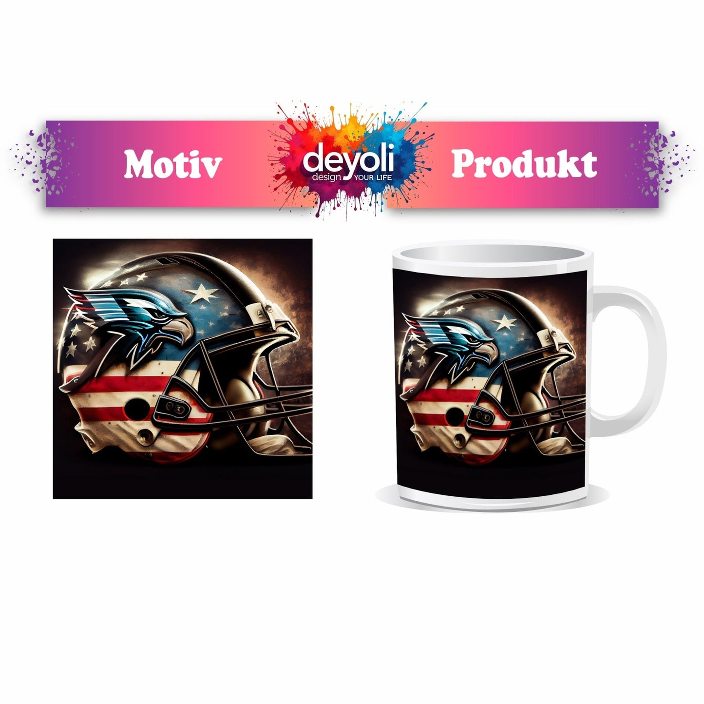 Motivtasse Helm in Sternen und Streifen – bereit für den großen Wurf. - deyoli