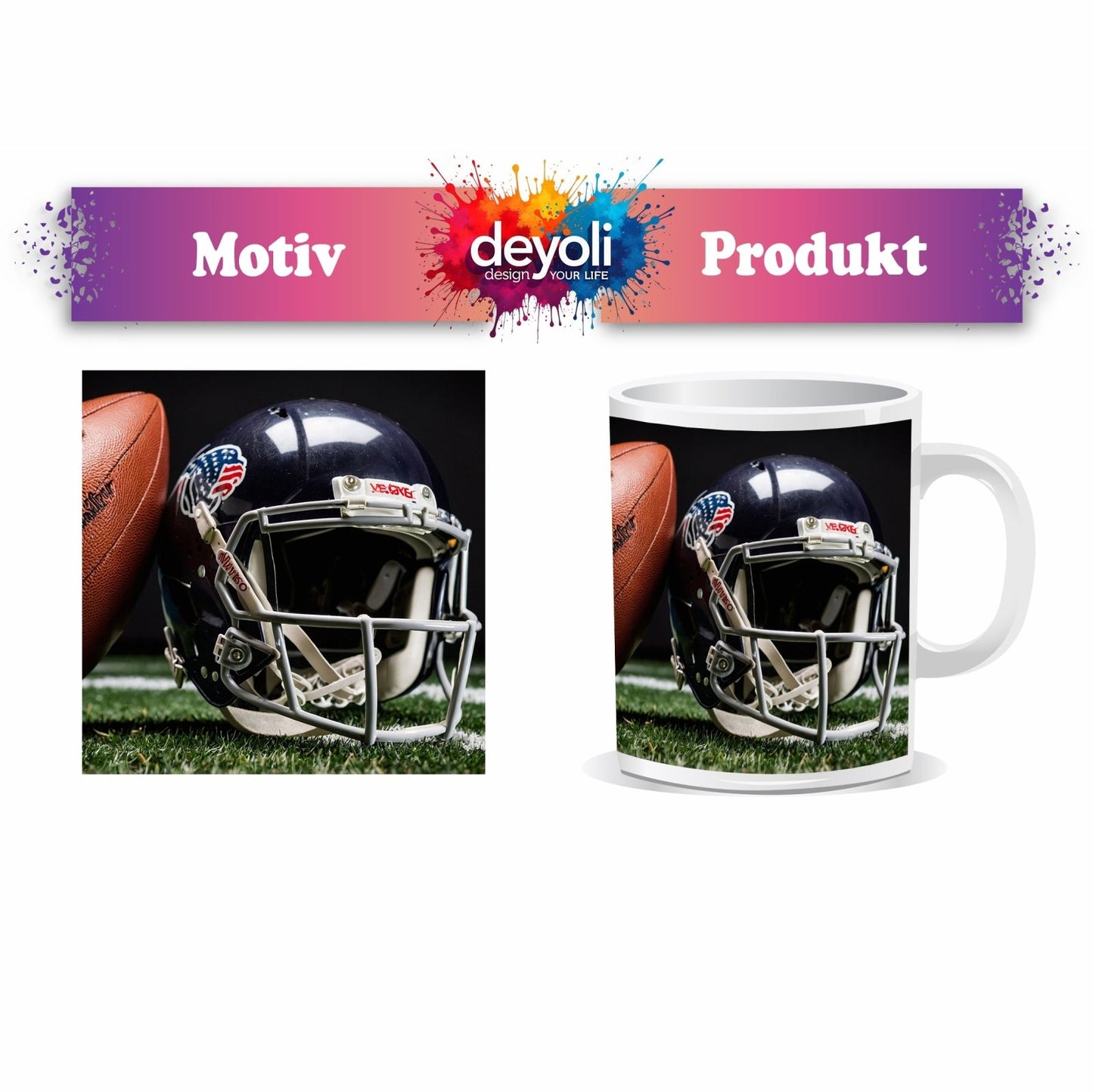 Motivtasse Helm und Ball – bereit fürs große Spiel. - deyoli