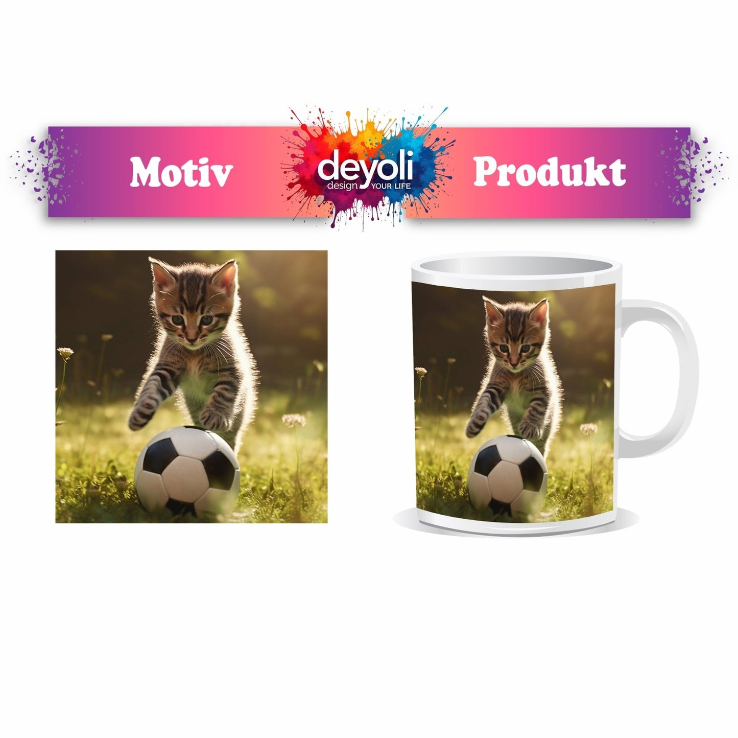 Motivtasse Katzenkick – flauschiger Fußballspaß im Sonnenlicht. - deyoli