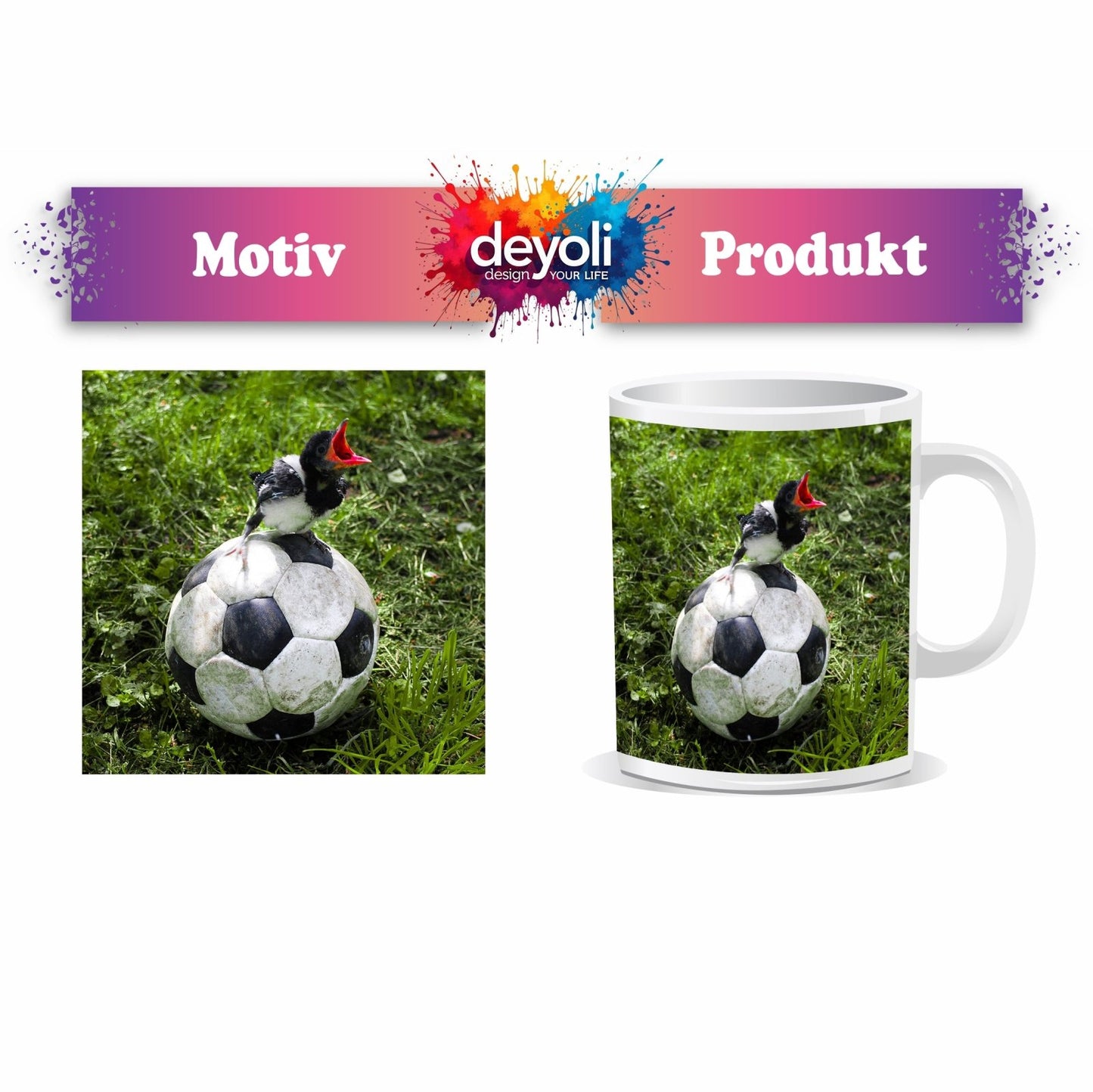 Motivtasse Kleiner Vogel, großer Ball – Aufstieg beginnt im Gras. - deyoli