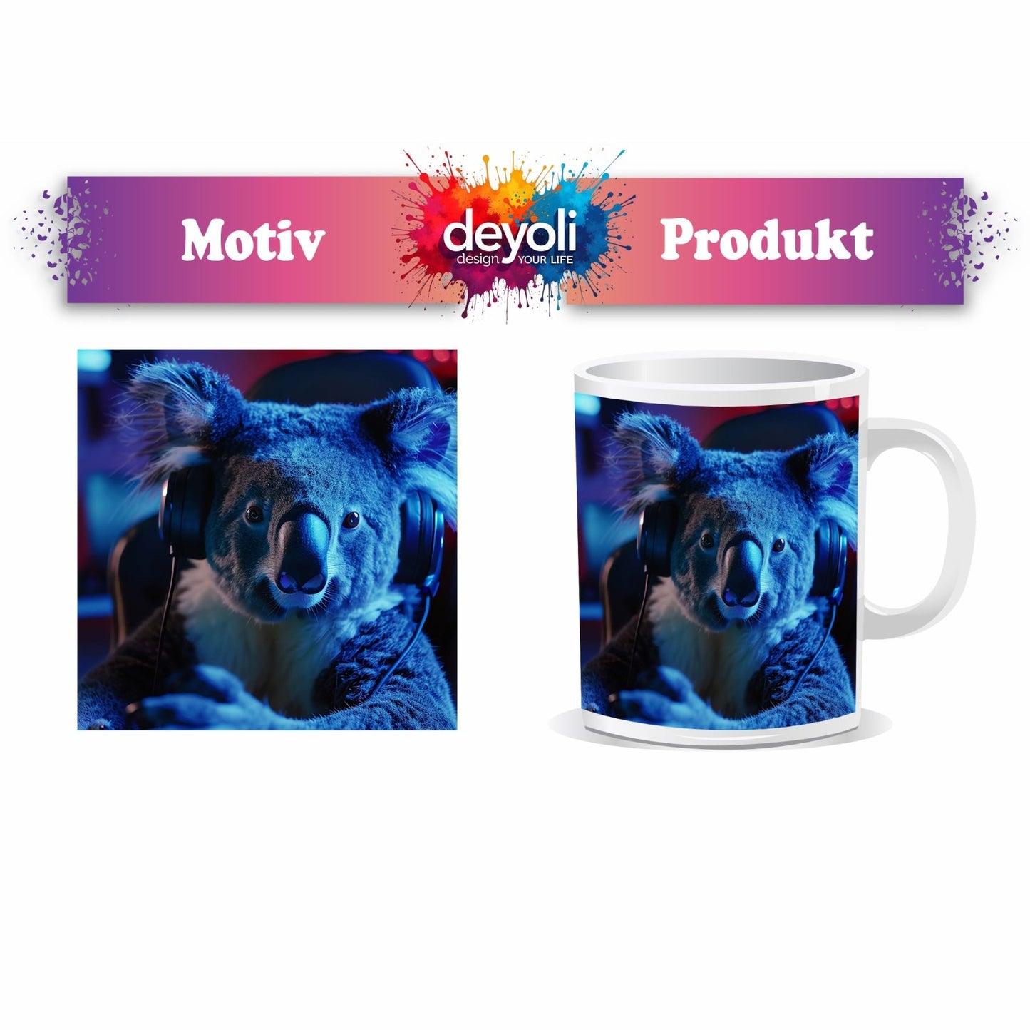 Motivtasse Koala im Gaming - Fieber – Fokus im blauen Neonlicht. - deyoli