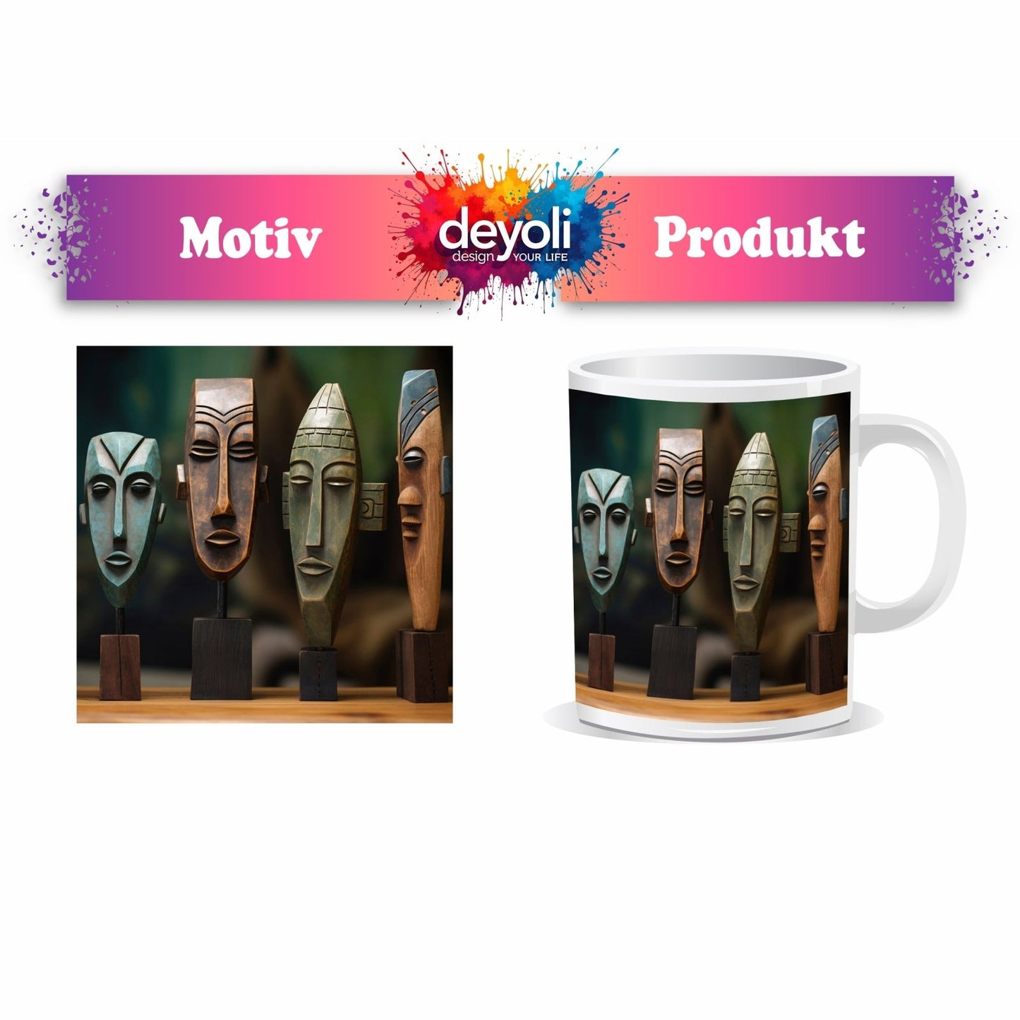 Motivtasse Kunstvolle Masken erzählen Geschichten in stiller Präsenz. - deyoli
