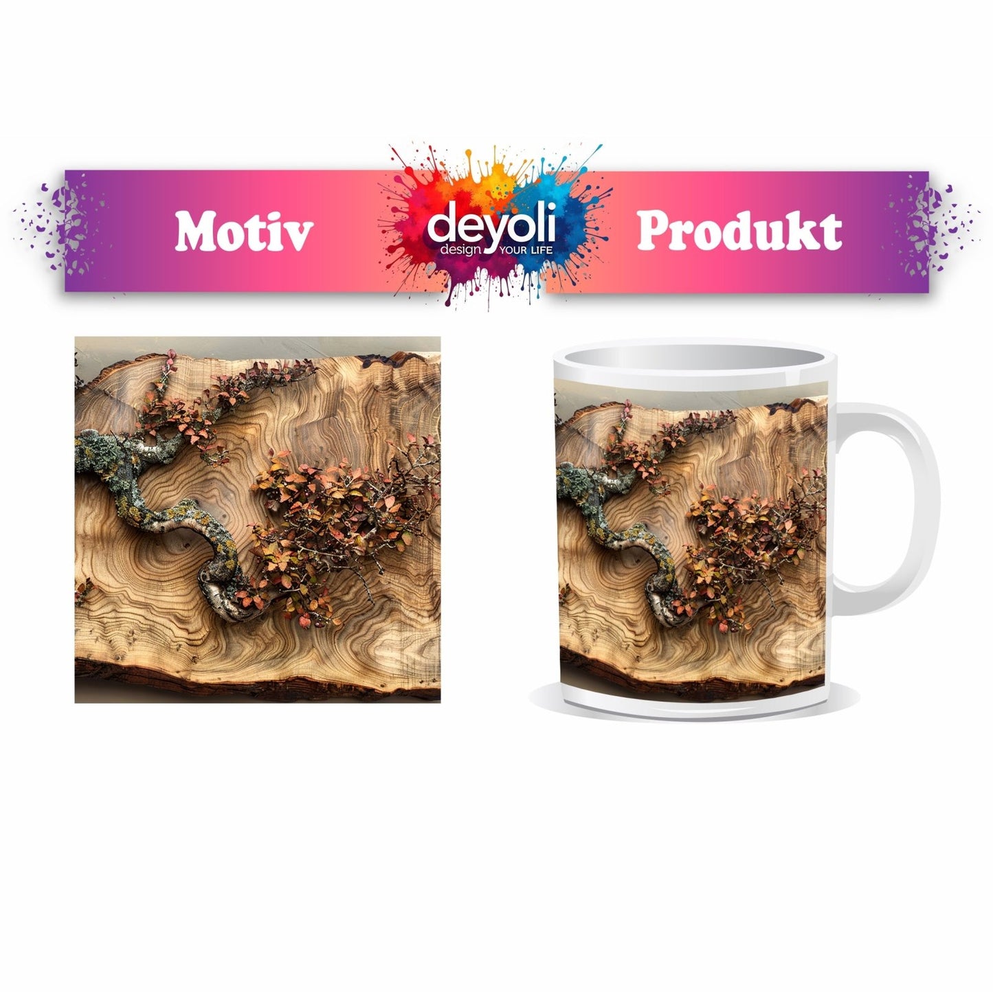 Motivtasse Kunstvoller Ast auf edlem Holz – Natur als Gemälde. - deyoli
