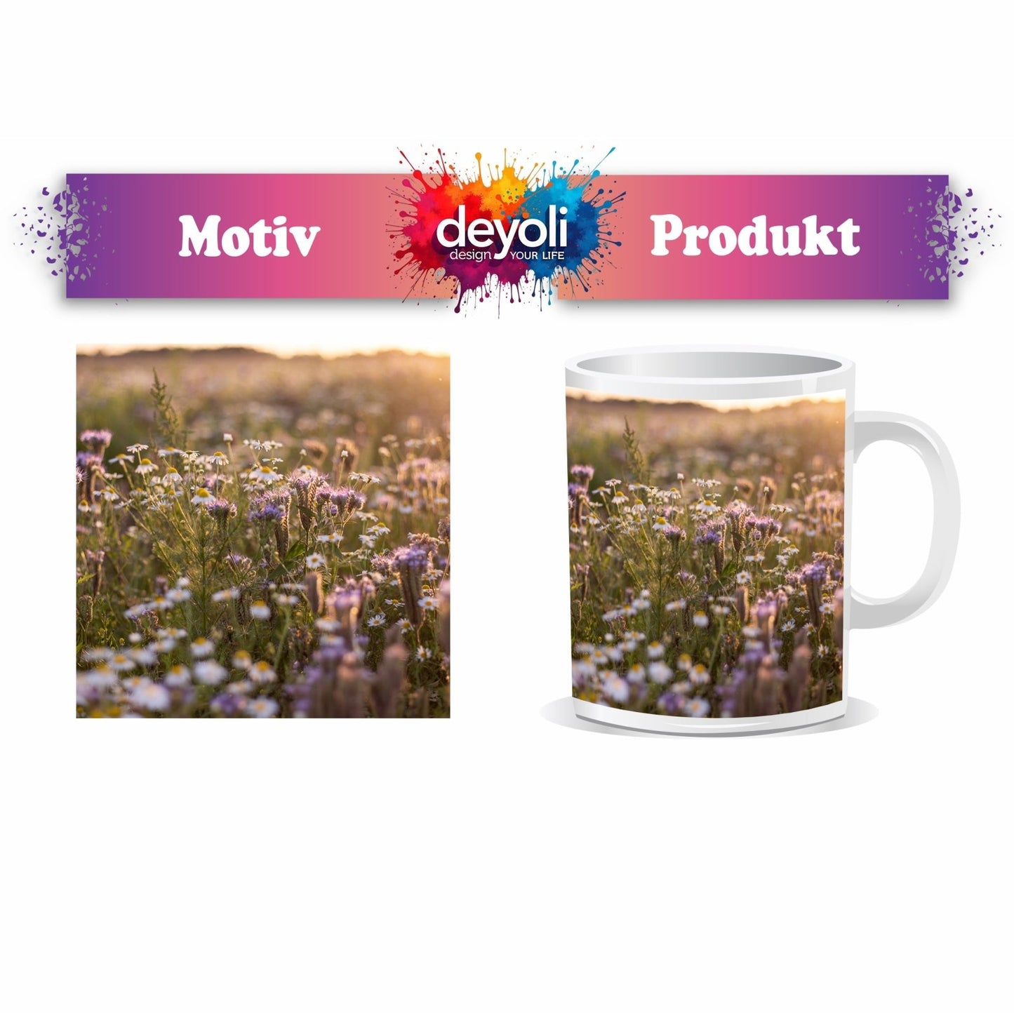 Motivtasse Lila Flüstern und Kamillen im Glanz der sinkenden Sonne. - deyoli