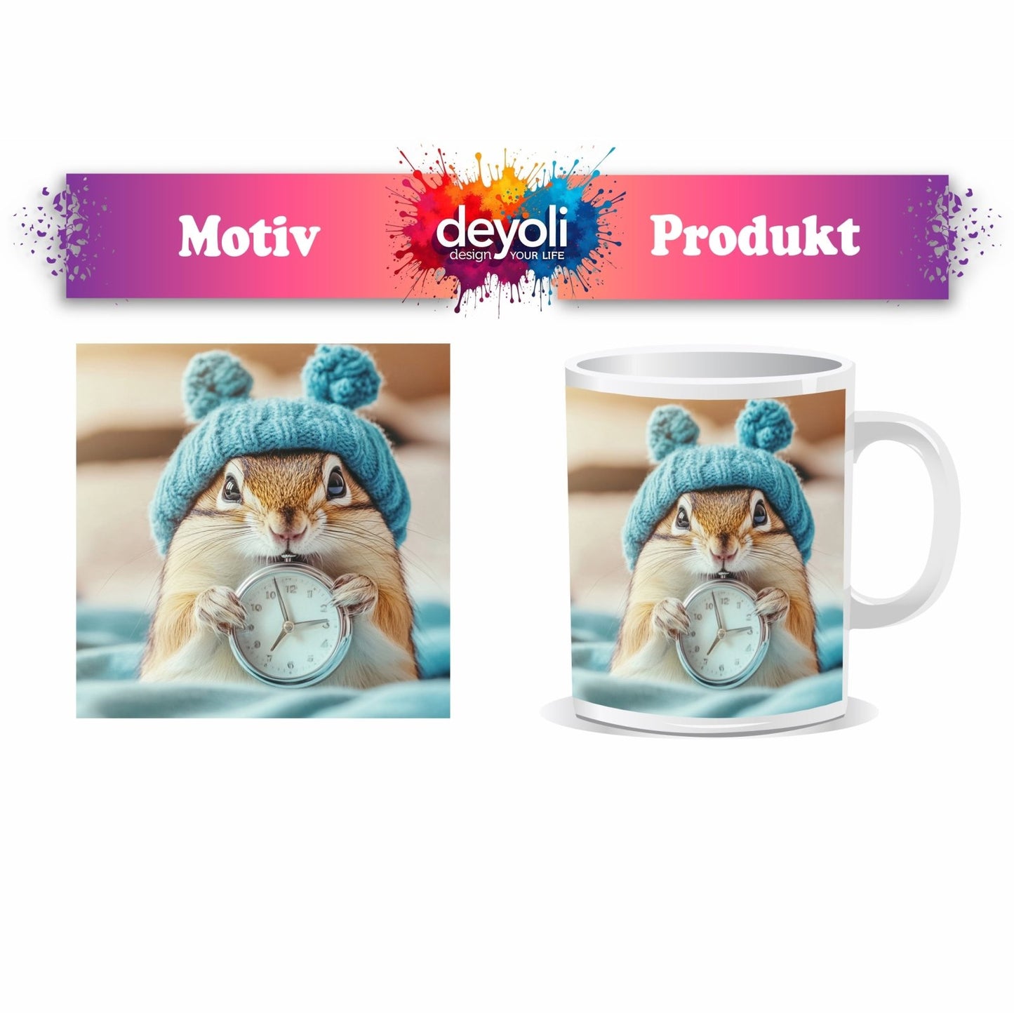 Motivtasse Morgenzauber – Eichhörnchen mit Uhr und Mütze. - deyoli