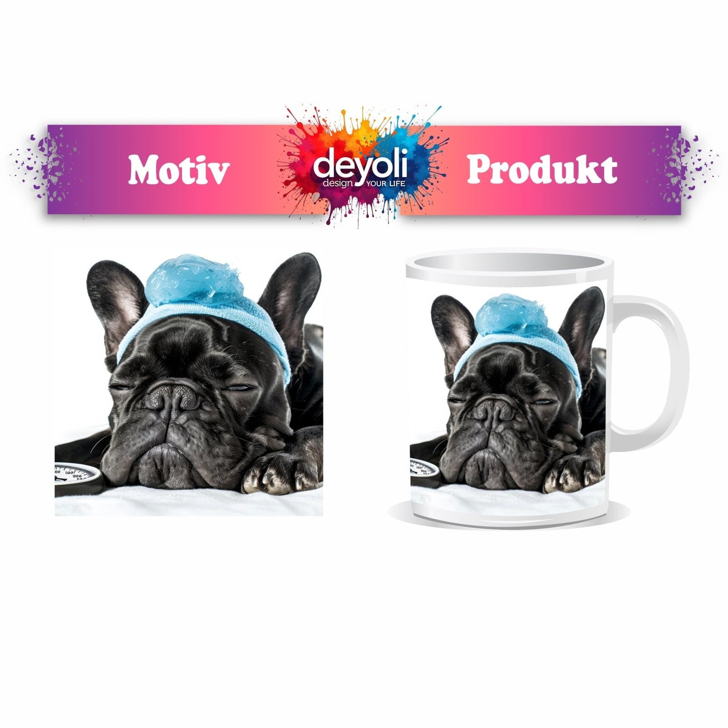 Motivtasse Müder Mops mit Fieber – Ruhe heilt auf vier Pfoten. - deyoli
