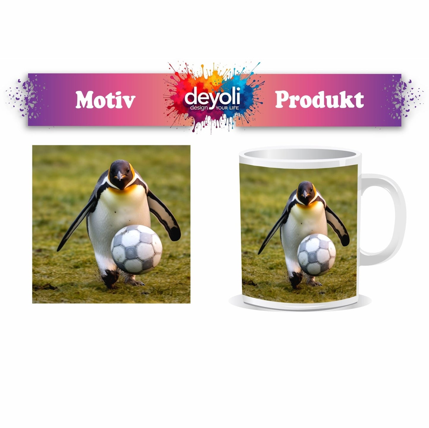 Motivtasse Pinguin mit Ballgefühl – elegant auf dem Spielfeld. - deyoli