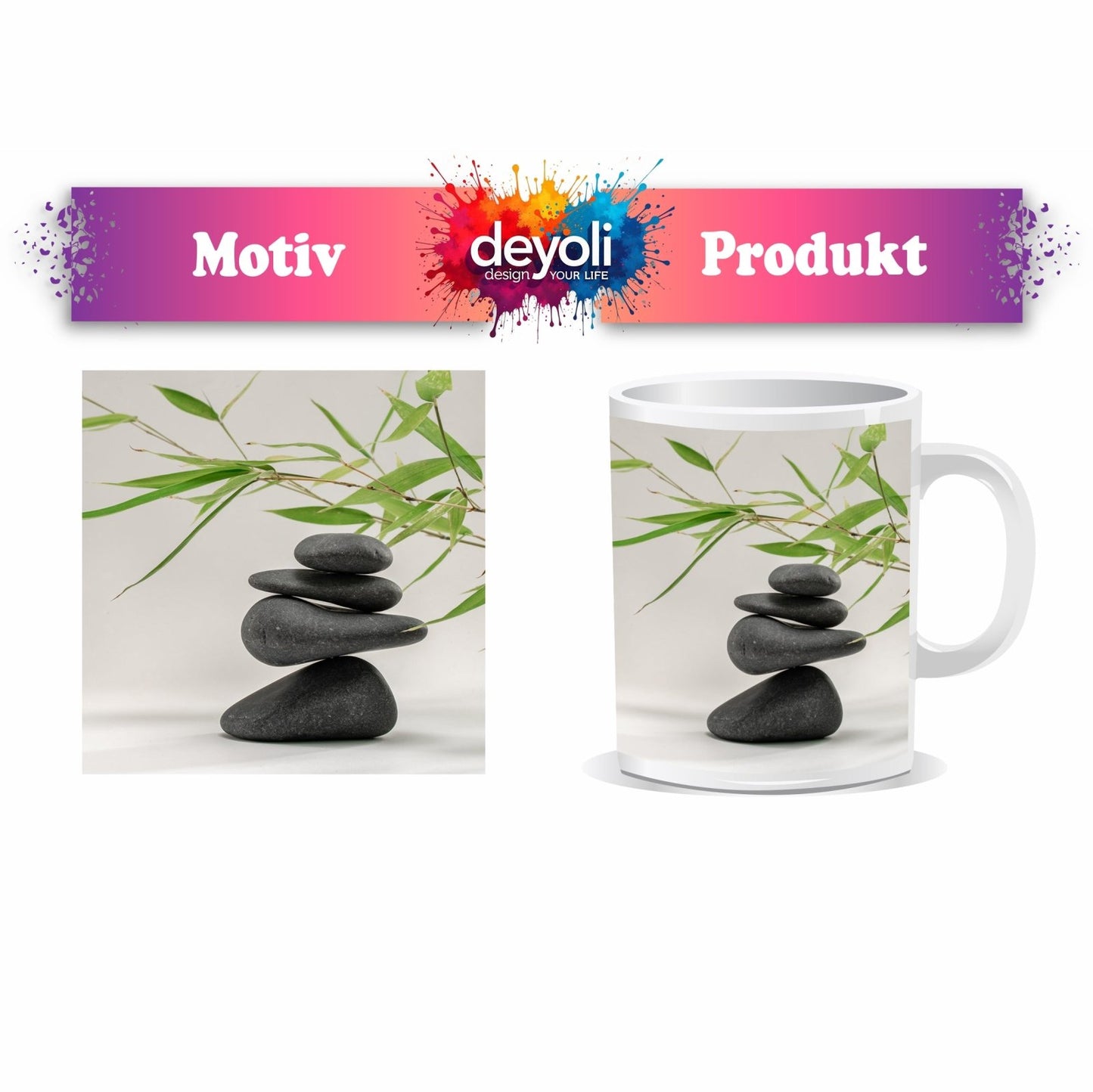 Motivtasse Sanftes Gleichgewicht – dunkle Steine und zarte Bambusblätter. - deyoli