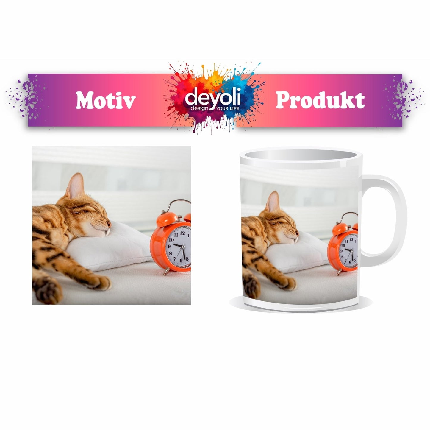 Motivtasse Schlummerkatze und Uhr – Zeit steht still im Traum. - deyoli