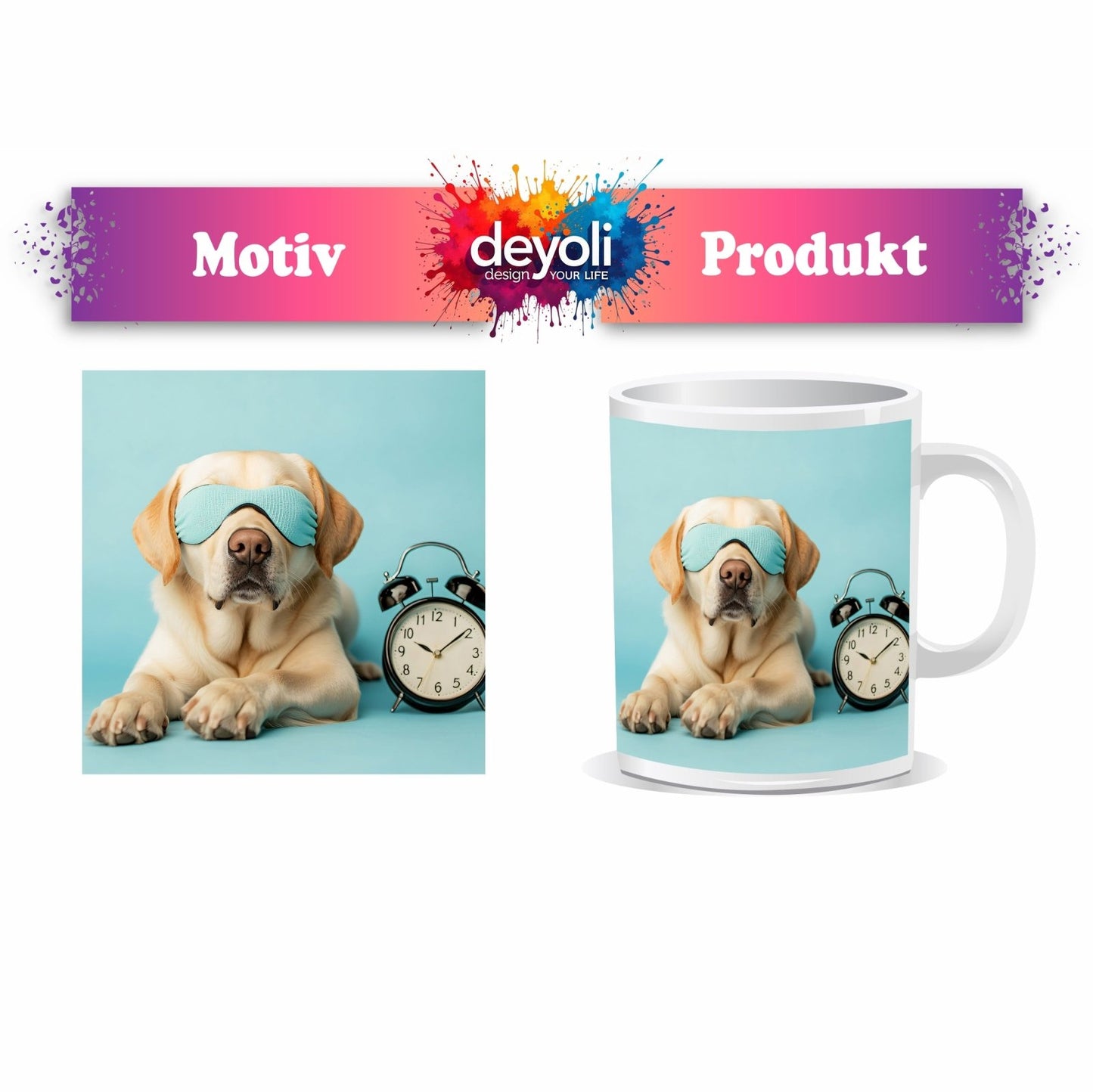Motivtasse Schlummernder Hund – Traumstunde trifft Weckerstil. - deyoli