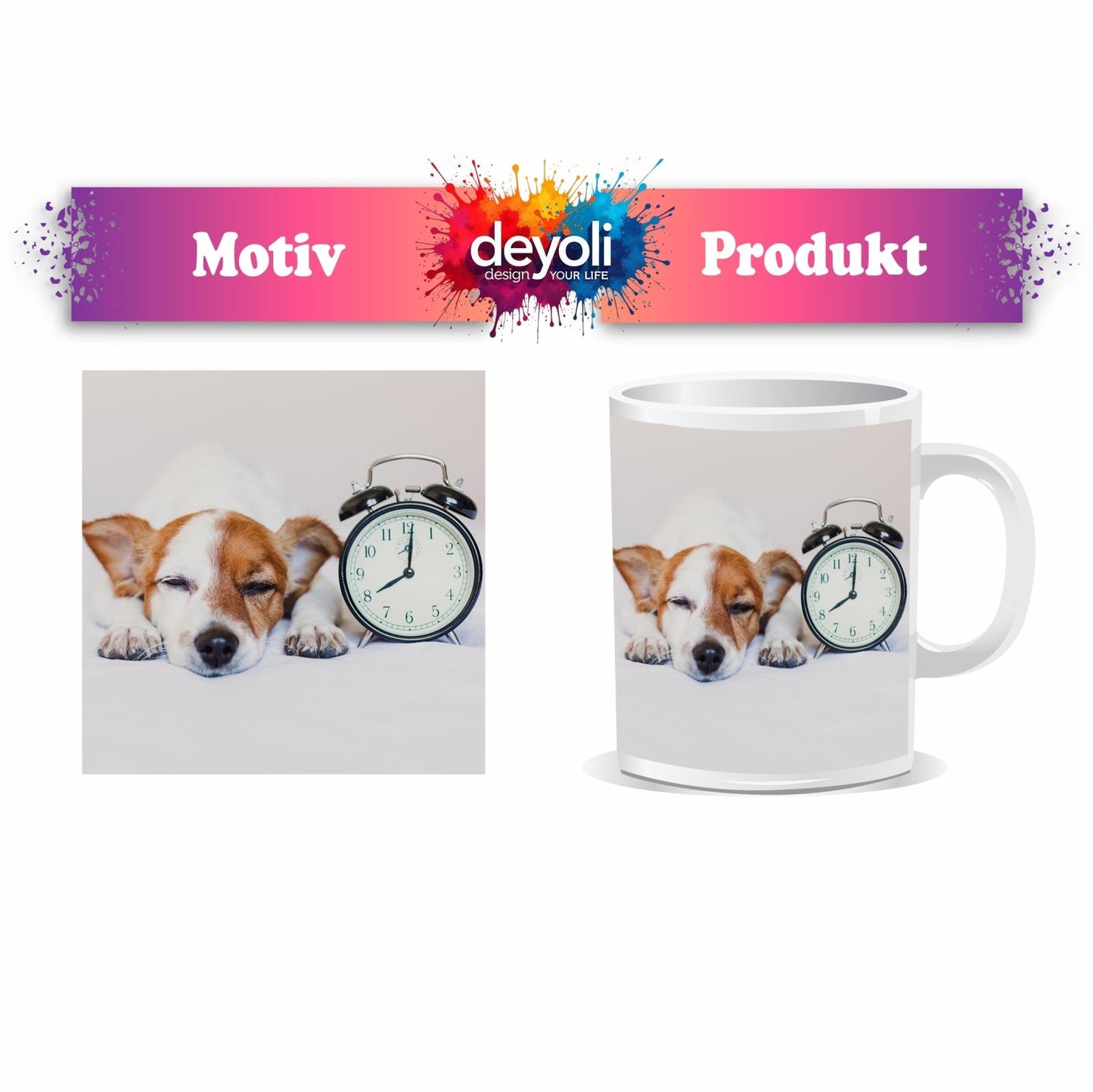 Motivtasse Schlummerzeit – Hund träumt neben dem Wecker. - deyoli