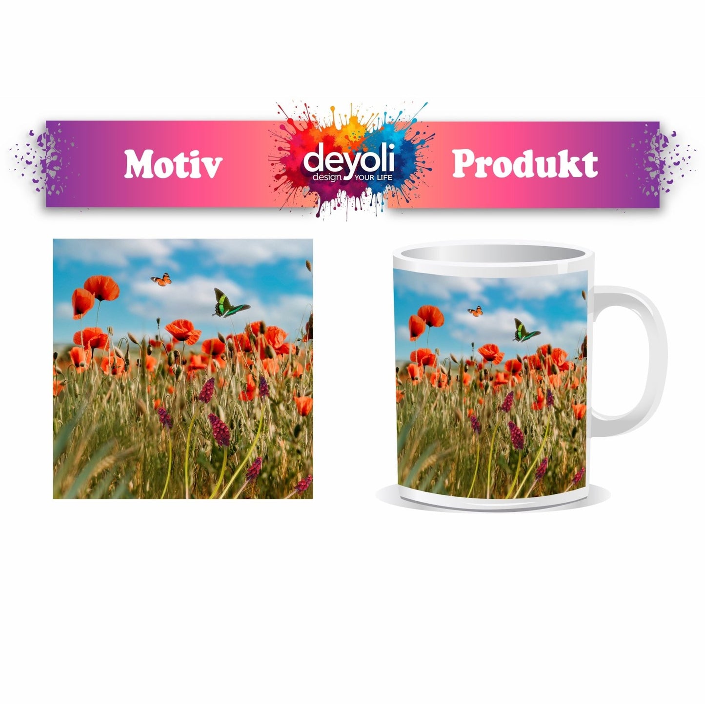 Motivtasse Sommerwiese tanzt im Wind mit Schmetterlingskuss. - deyoli
