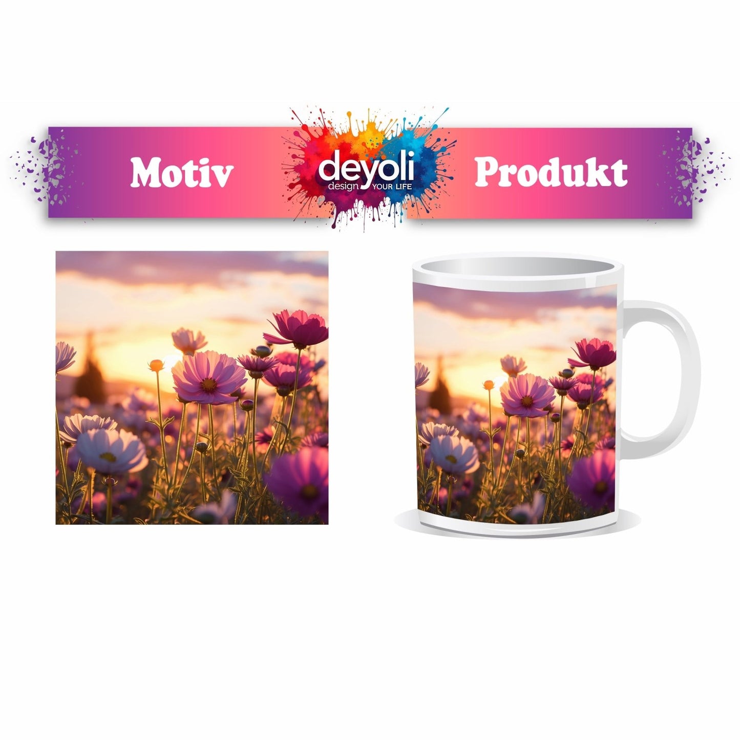 Motivtasse Sonnenuntergang küsst ein Meer aus zarten Kosmeen. - deyoli