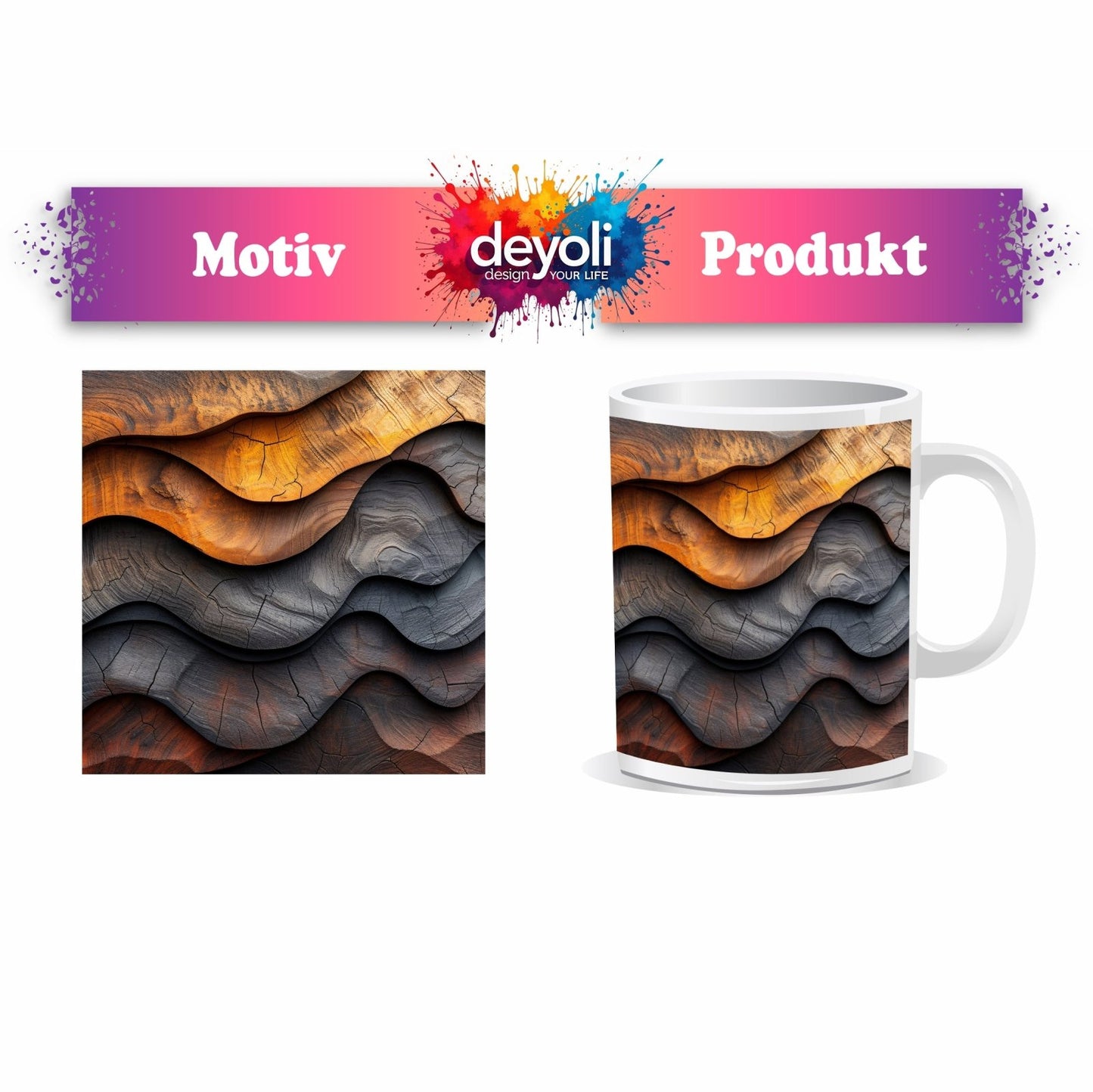 Motivtasse Wellen aus Holz – natürliche Eleganz in rhythmischer Struktur. - deyoli