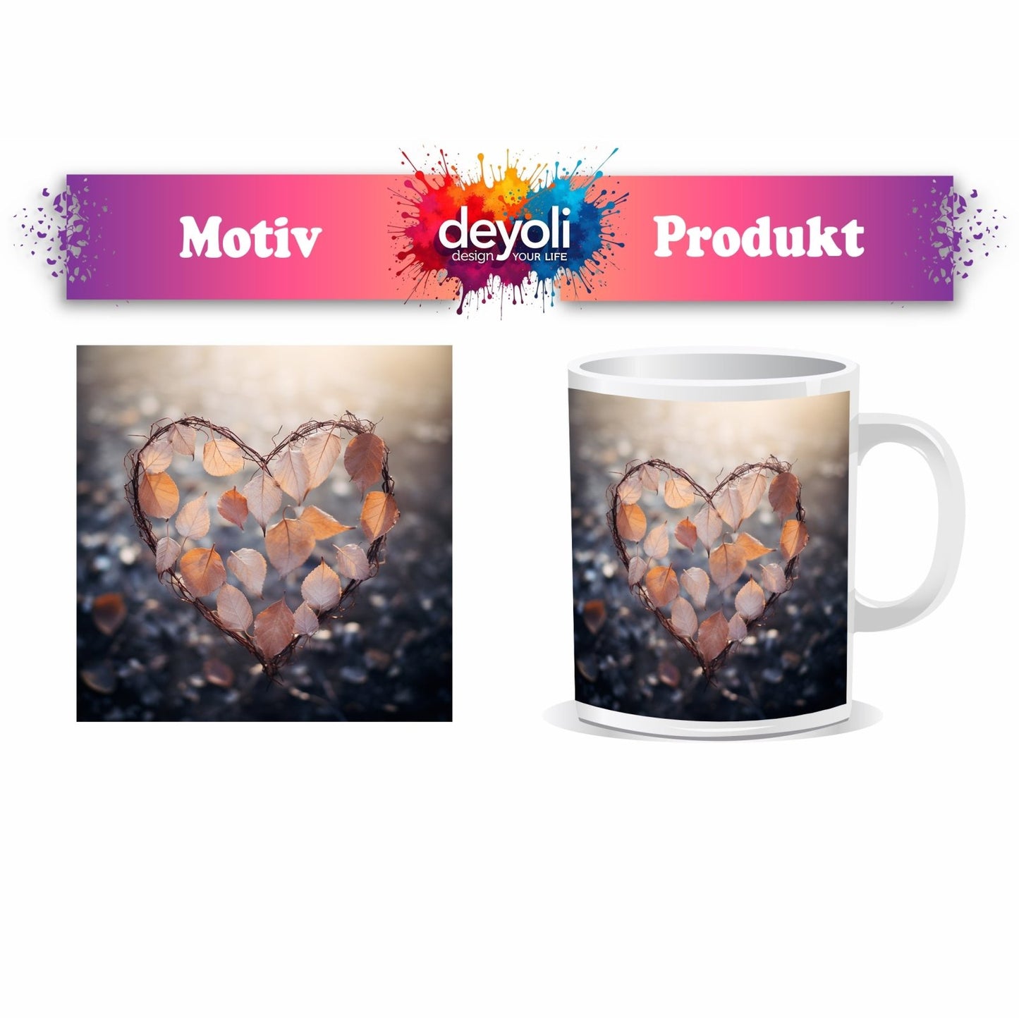 Motivtasse Zartes Herbstherz aus Blättern flüstert von Vergänglichkeit. - deyoli