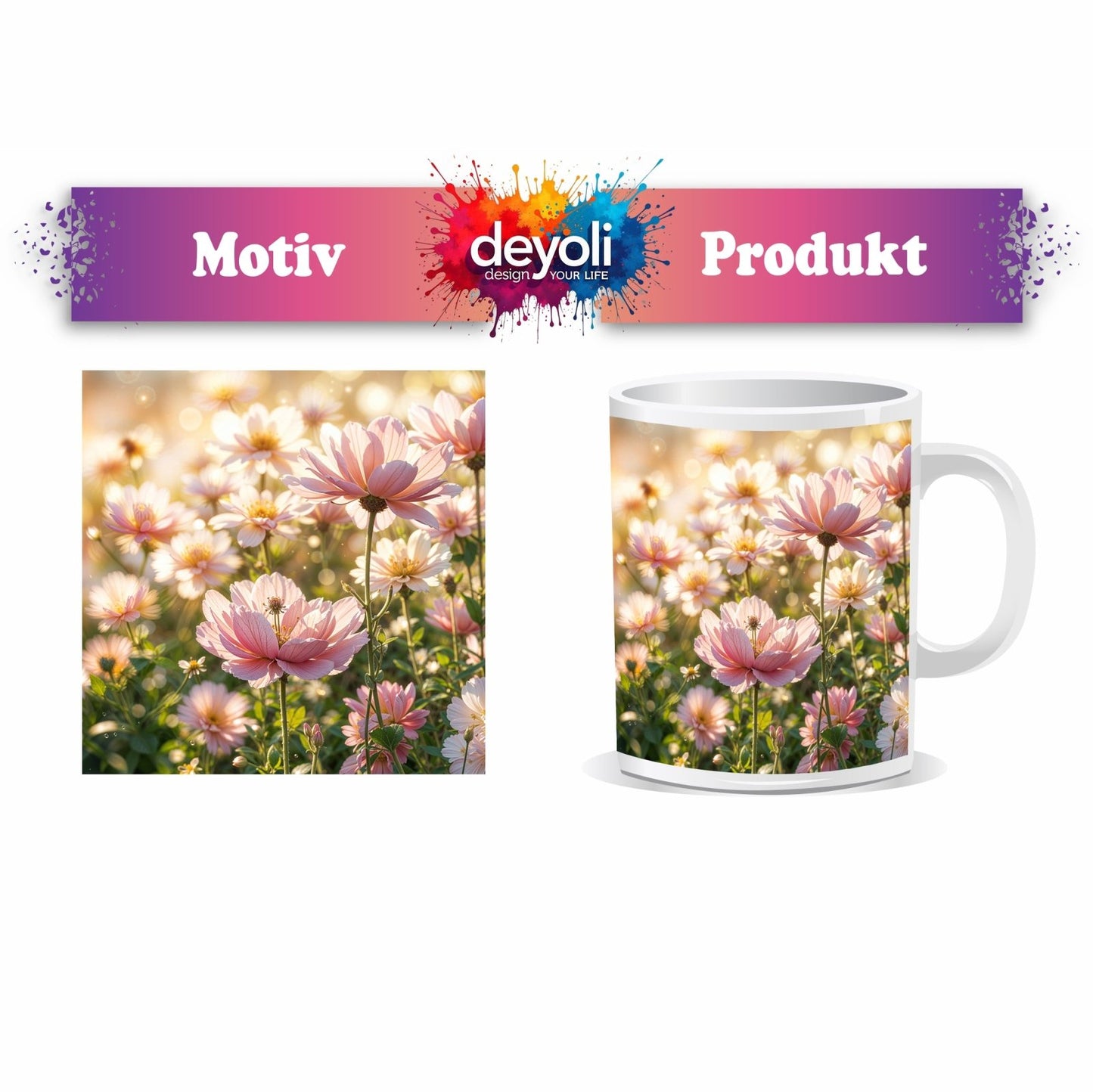Motivtasse Zartrosa Blüten tanzen im goldenen Licht des Morgens. - deyoli