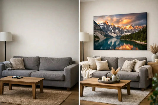 Wohnzimmer vorher nachher mit Leinwandbild - deyoli