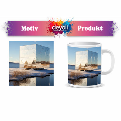 Motivtasse ein Spiegelkubus reflektiert die winterliche Stille am See.