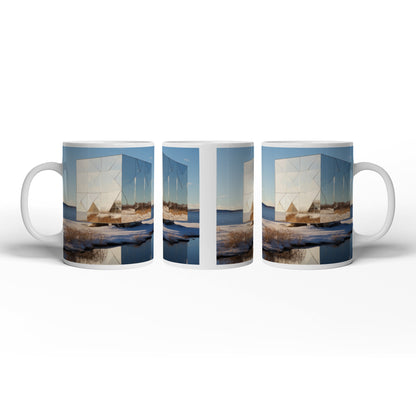 Motivtasse ein Spiegelkubus reflektiert die winterliche Stille am See.