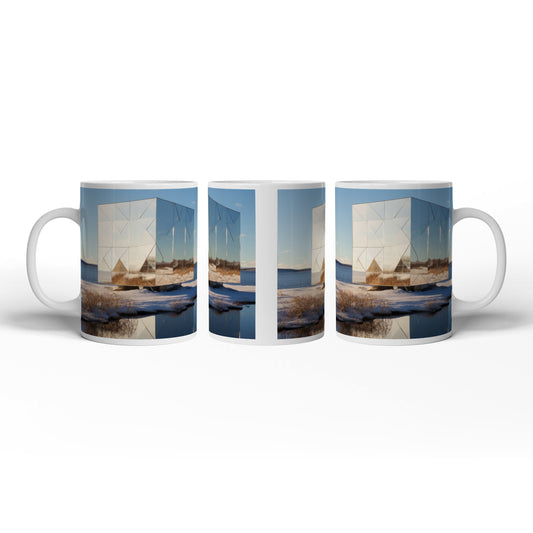 Motivtasse ein Spiegelkubus reflektiert die winterliche Stille am See.