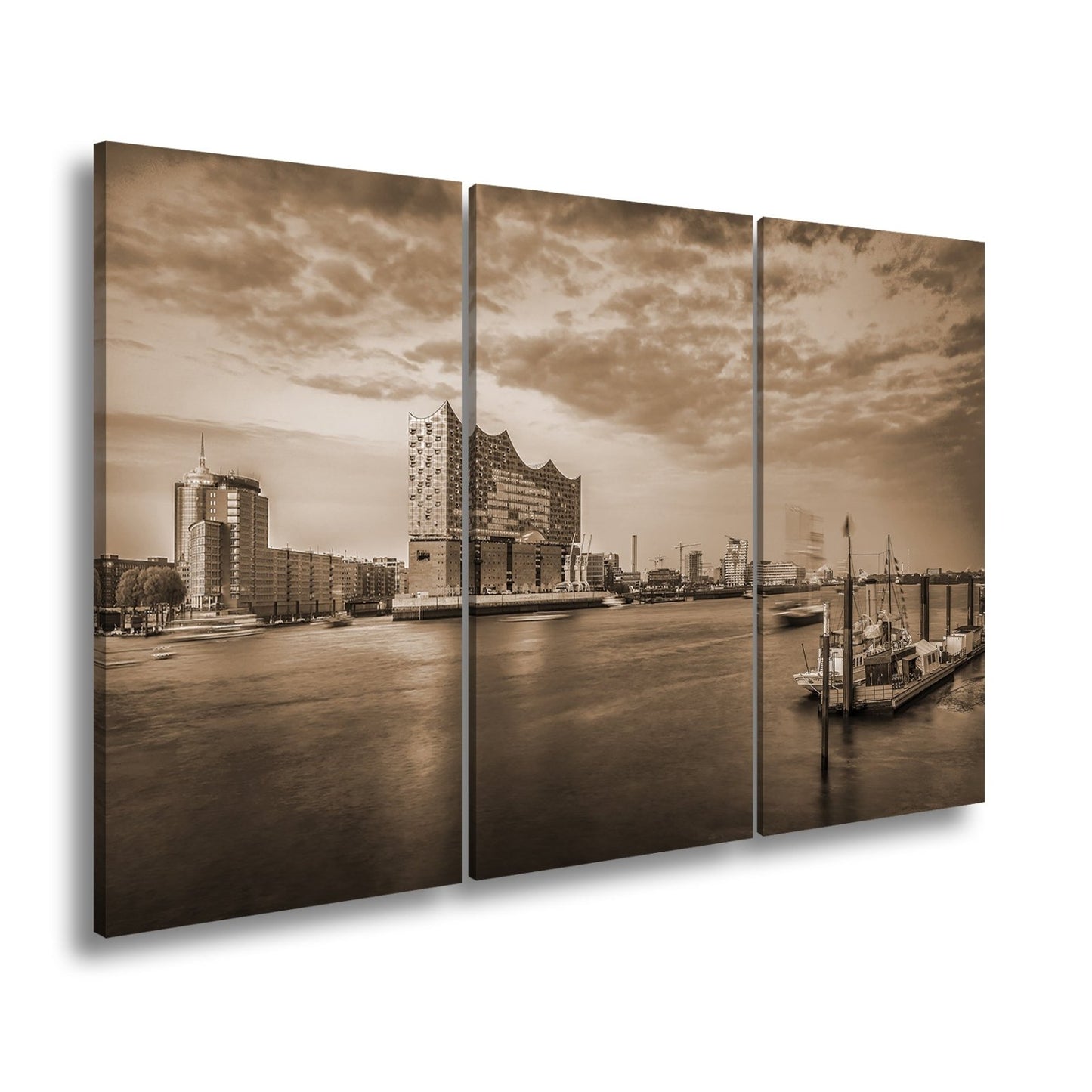 Leinwandbild Abendlicht küsst Hamburgs Hafen mit goldener Eleganz. - deyoli