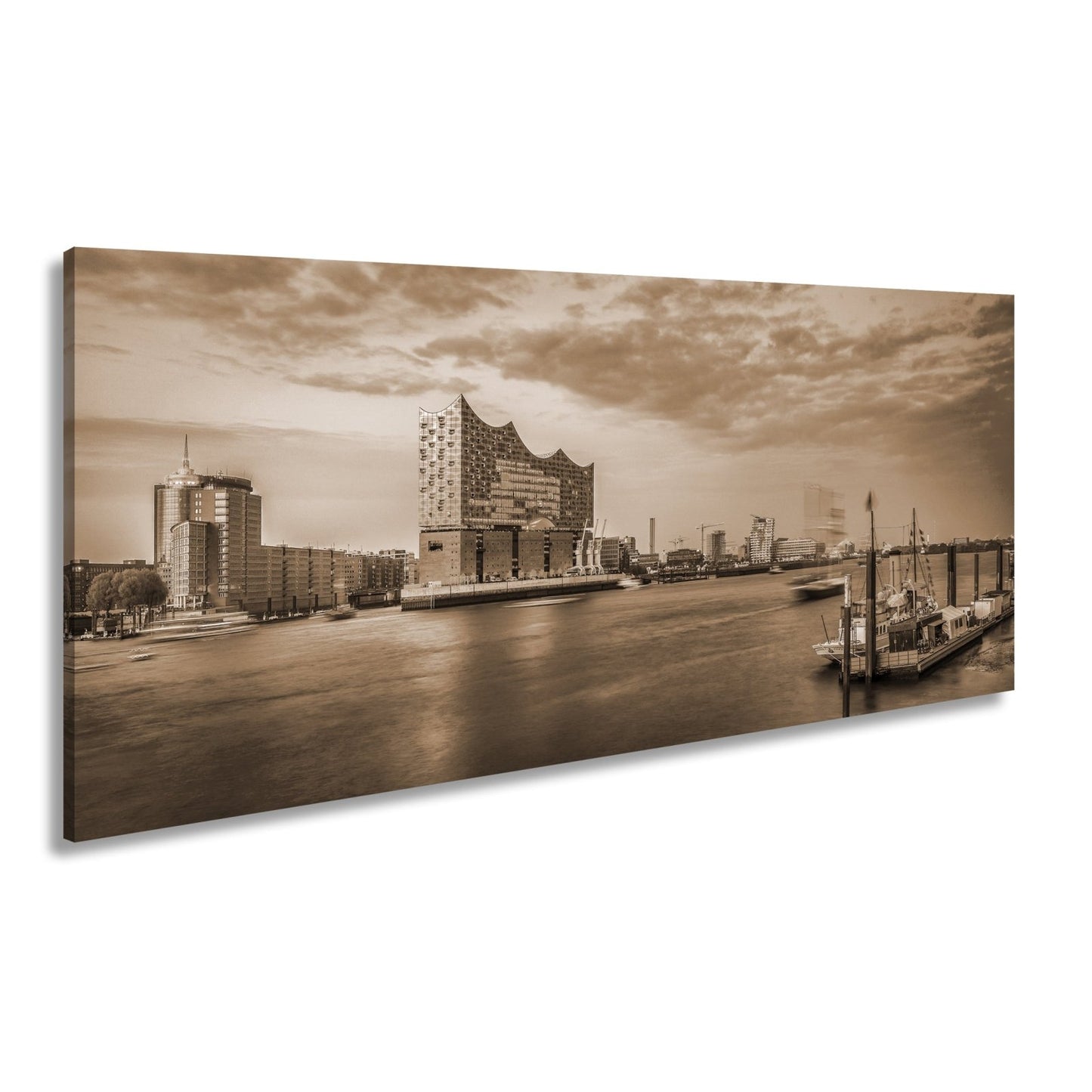 Leinwandbild Abendlicht küsst Hamburgs Hafen mit goldener Eleganz. - deyoli