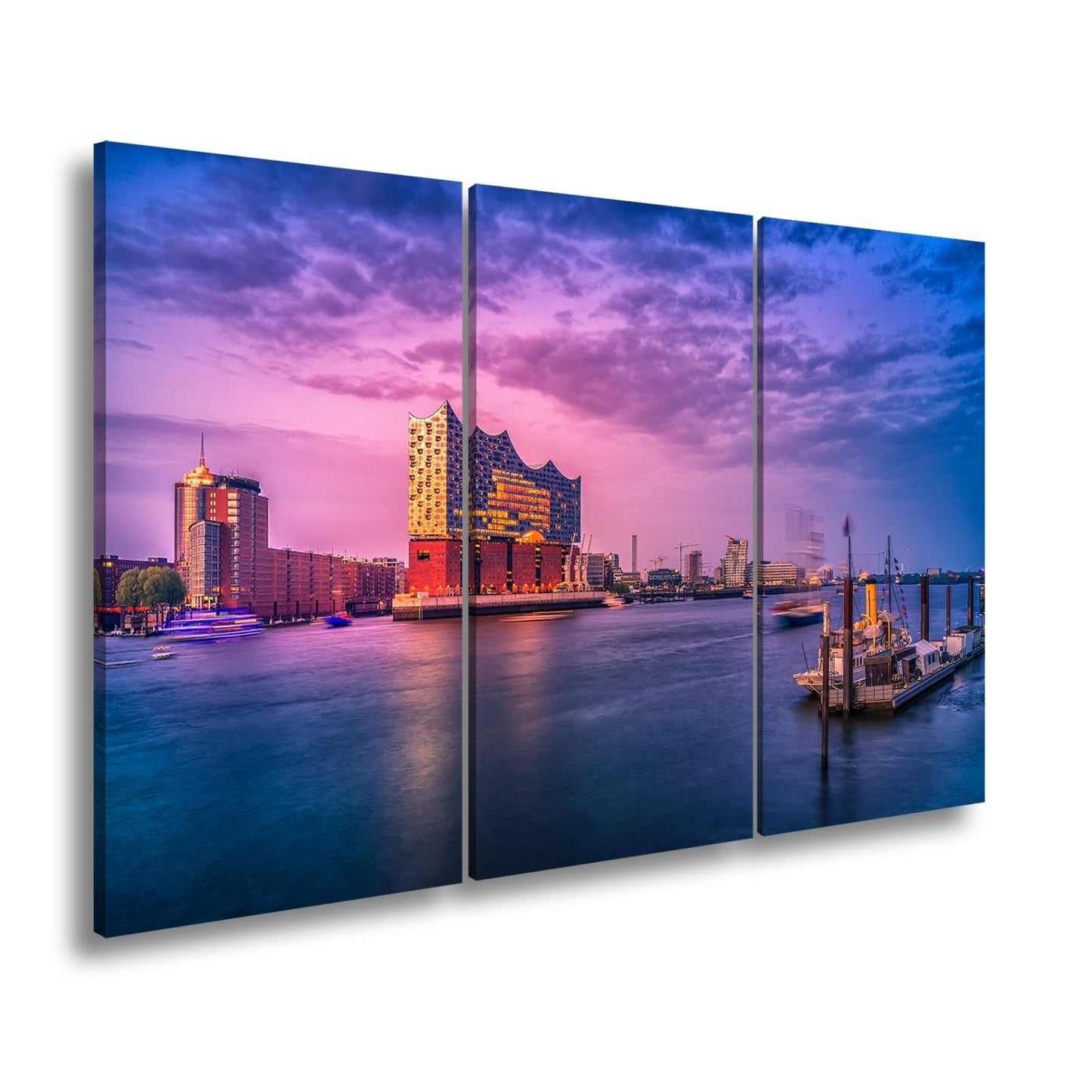 Leinwandbild Abendlicht küsst Hamburgs Hafen mit goldener Eleganz. - deyoli