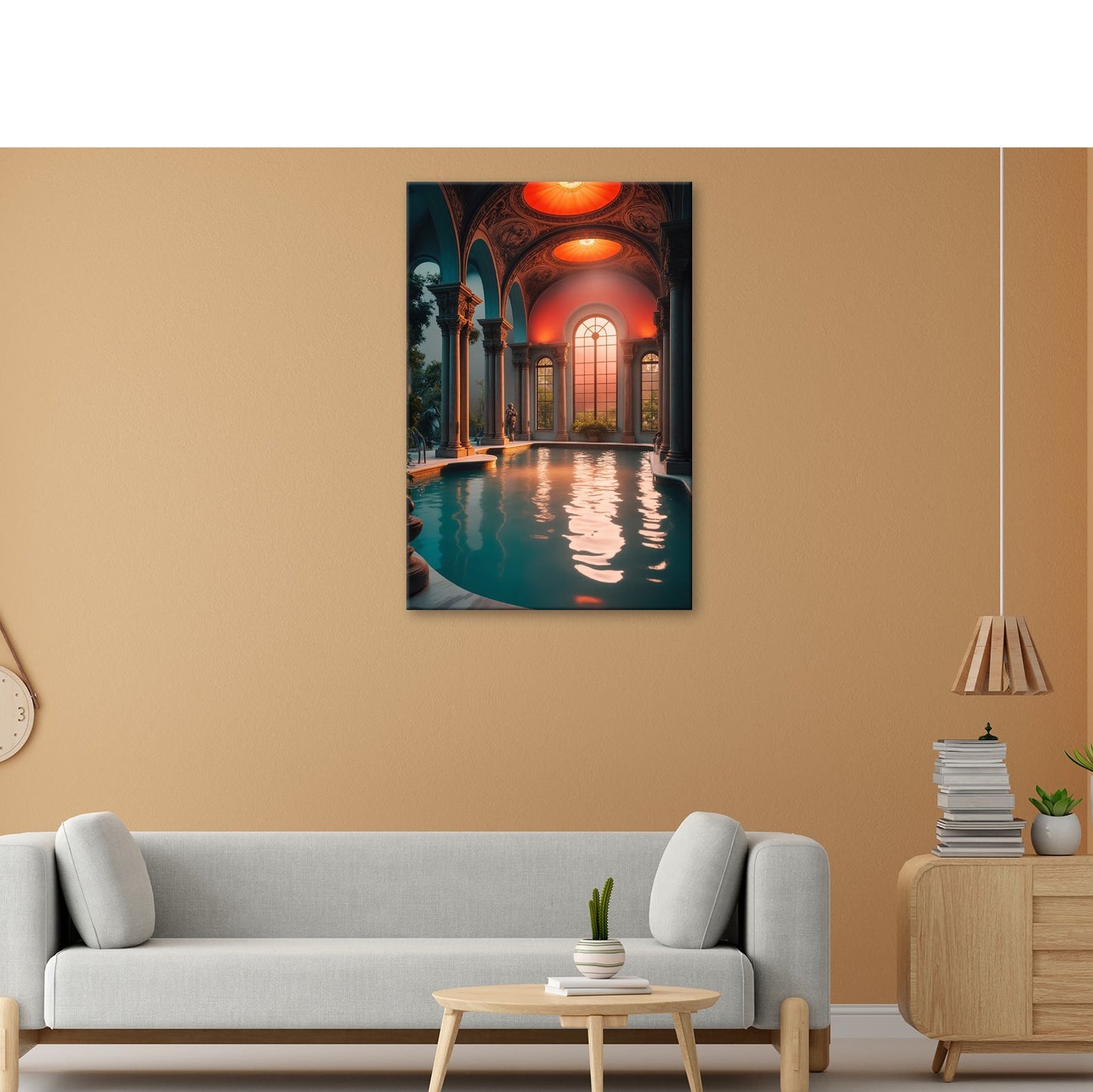 Leinwandbild Abendlicht taucht das Badehaus in goldene Stille. - deyoli