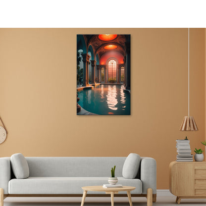 Leinwandbild Abendlicht taucht das Badehaus in goldene Stille. - deyoli