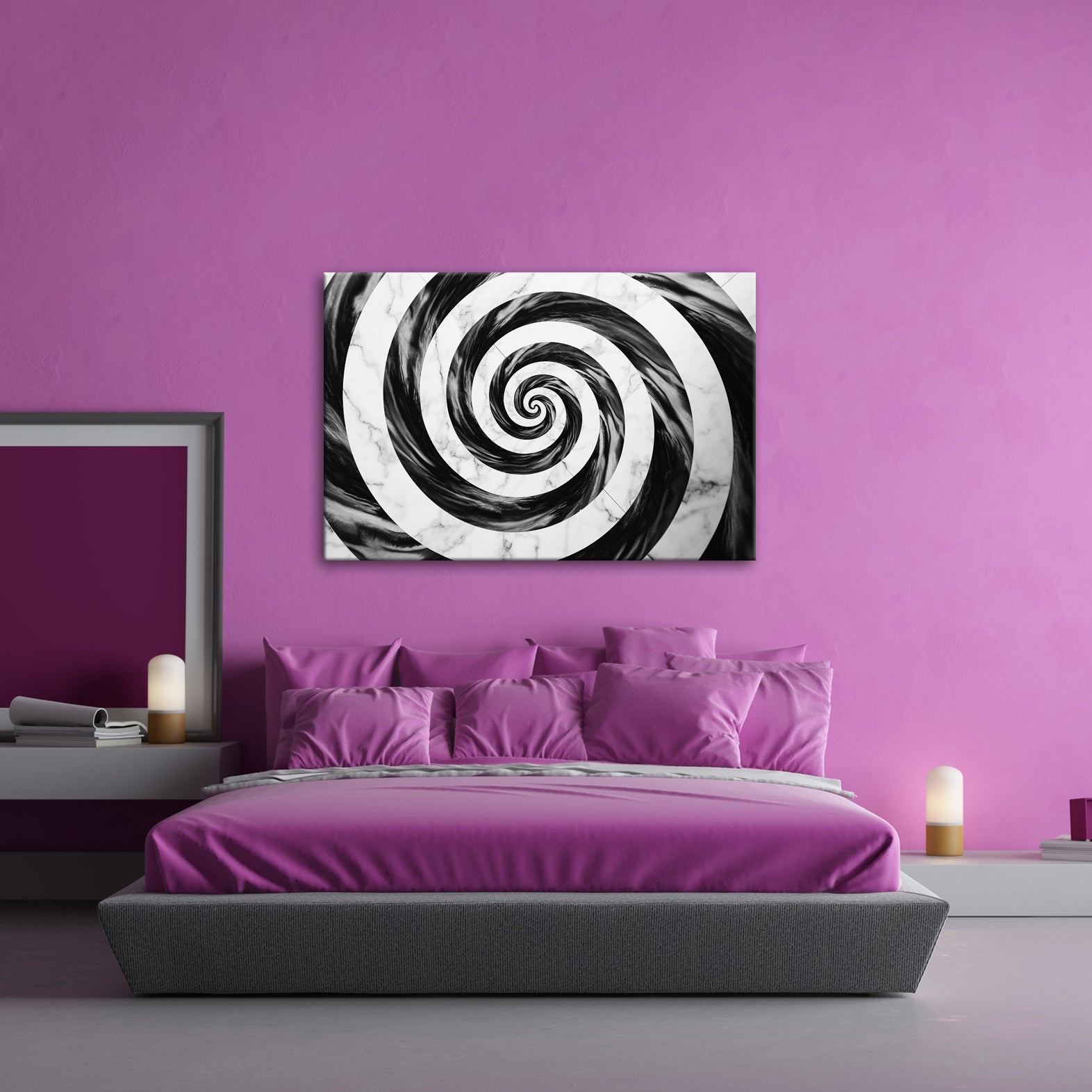 Leinwandbild Abstrakt XXL – Schwarze Spirale auf weißem Marmor hypnotisch - deyoli