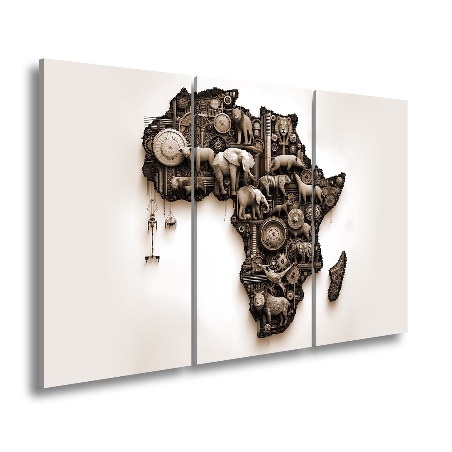 Leinwandbild Afrika aus Zahnrädern, Tieren und kunstvoller Mechanik. - deyoli